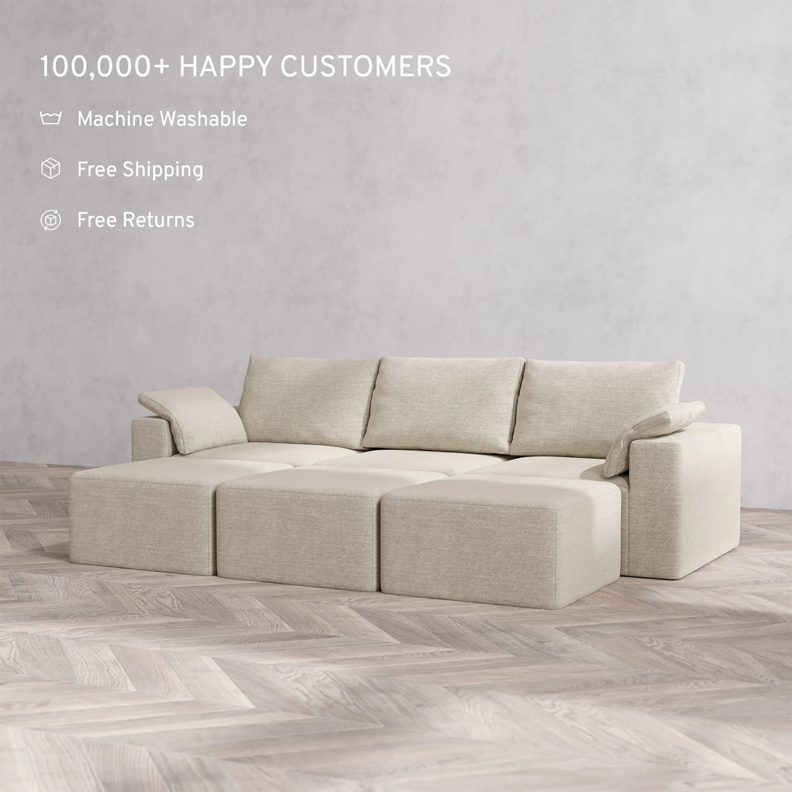 Slipcover Only - Modular Washable 3-Seater Lounge Cloud + Bolster Sofa Sectional in Sandstone - Image 2