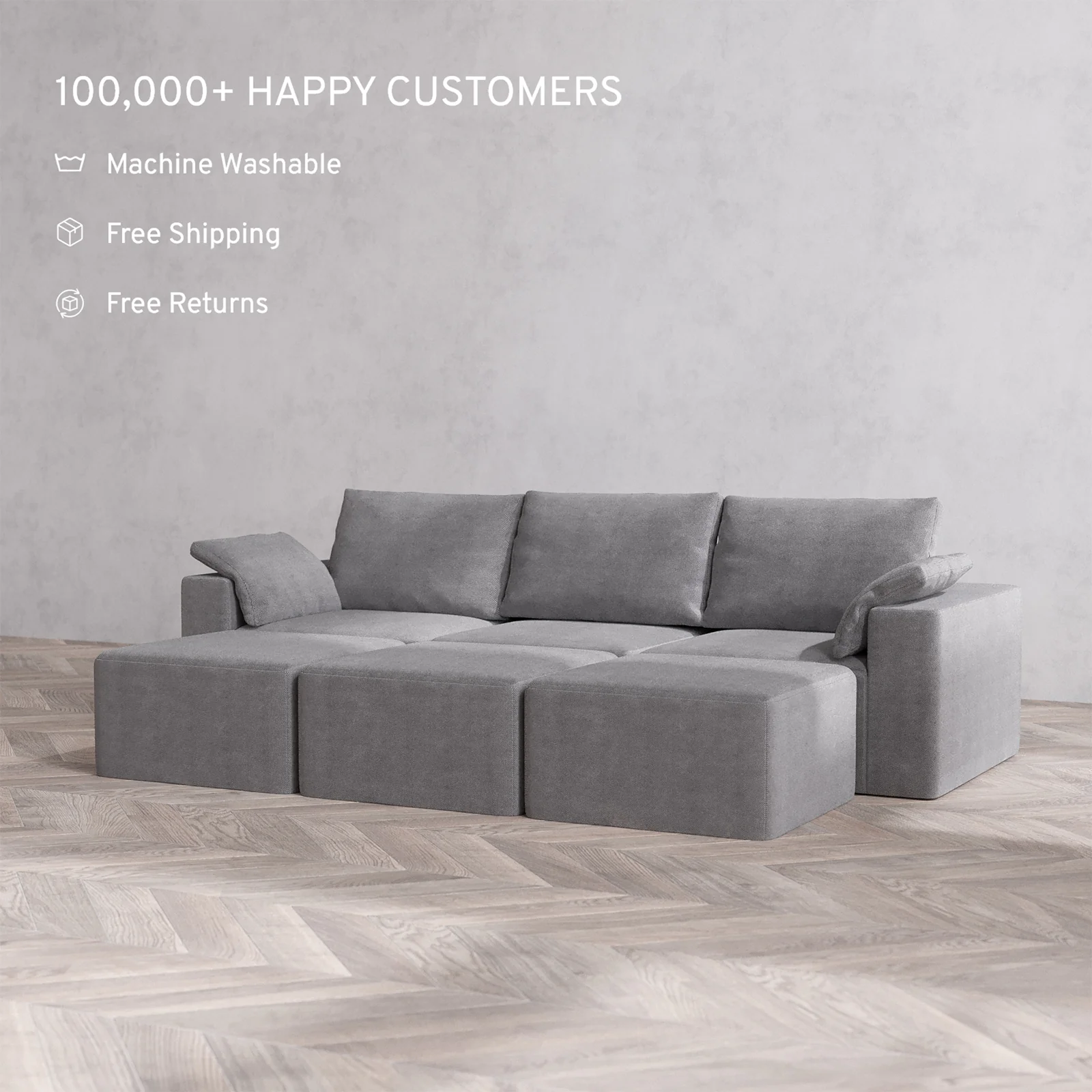 Slipcover Only - Modular Washable 3-Seater Lounge Cloud + Bolster Sofa Sectional in Slate - Image 2
