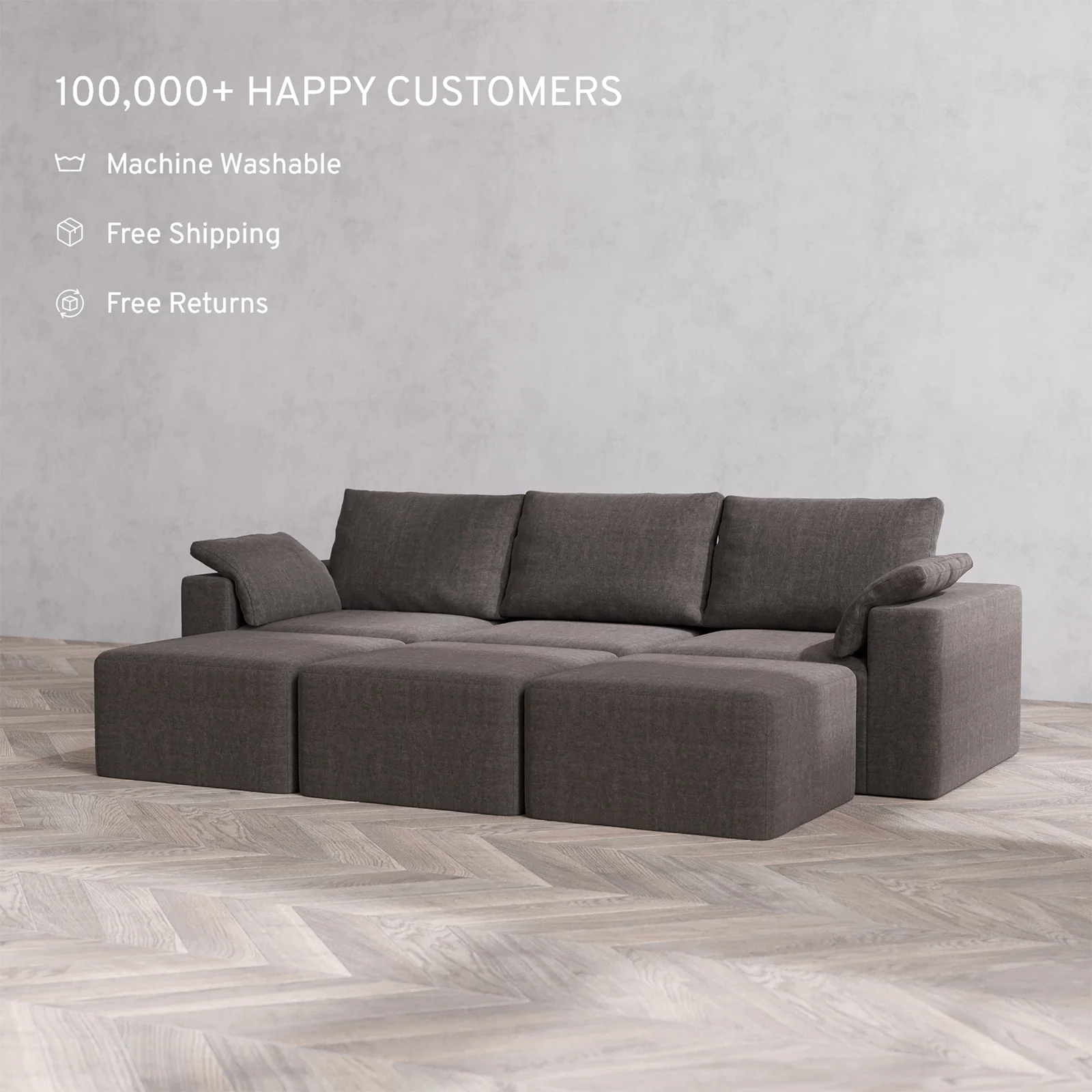 Slipcover Only - Modular Washable 3-Seater Lounge Cloud + Bolster Sofa Sectional in Truffle - Image 2