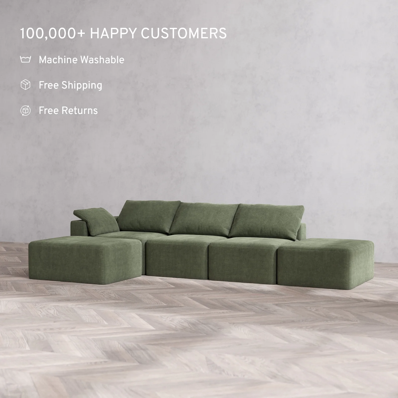 Slipcover Only - Modular Washable 3-Seater Open End Chaise Sectional Cloud Sofa in Juniper | Left-Facing Arm - Image 2