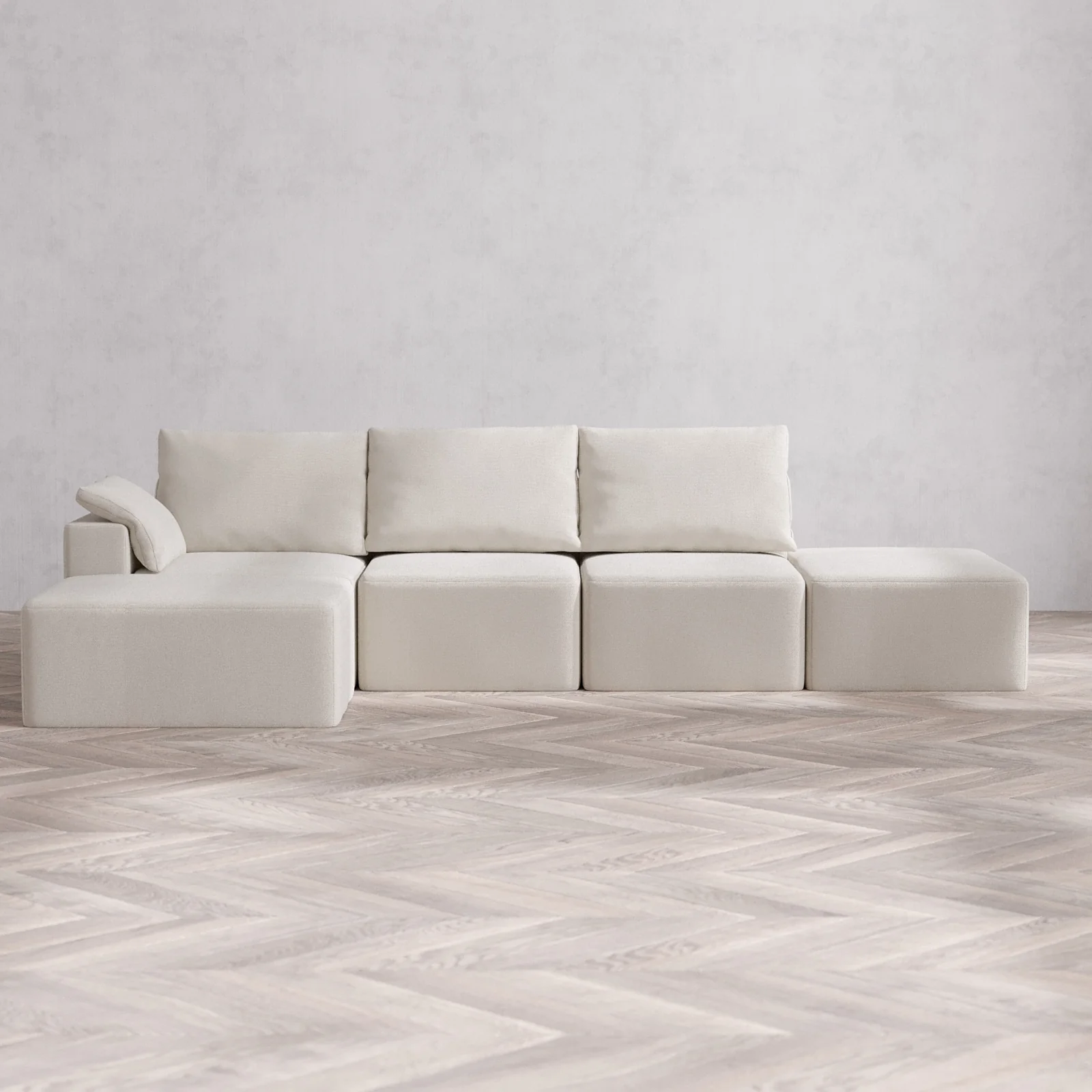 Slipcover Only - Modular Washable 3-Seater Open End Chaise Sectional Cloud + Bolster Sofa in Pearl | Left-Facing Arm