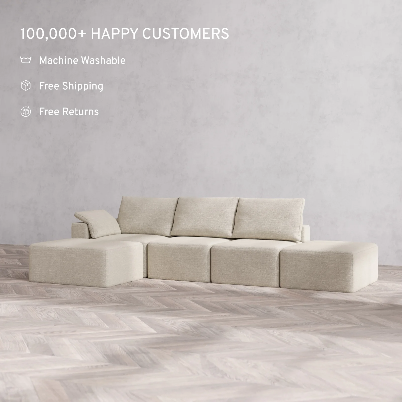 Slipcover Only - Modular Washable 3-Seater Open End Chaise Sectional Cloud + Bolster Sofa in Sandstone | Left-Facing Arm - Image 2