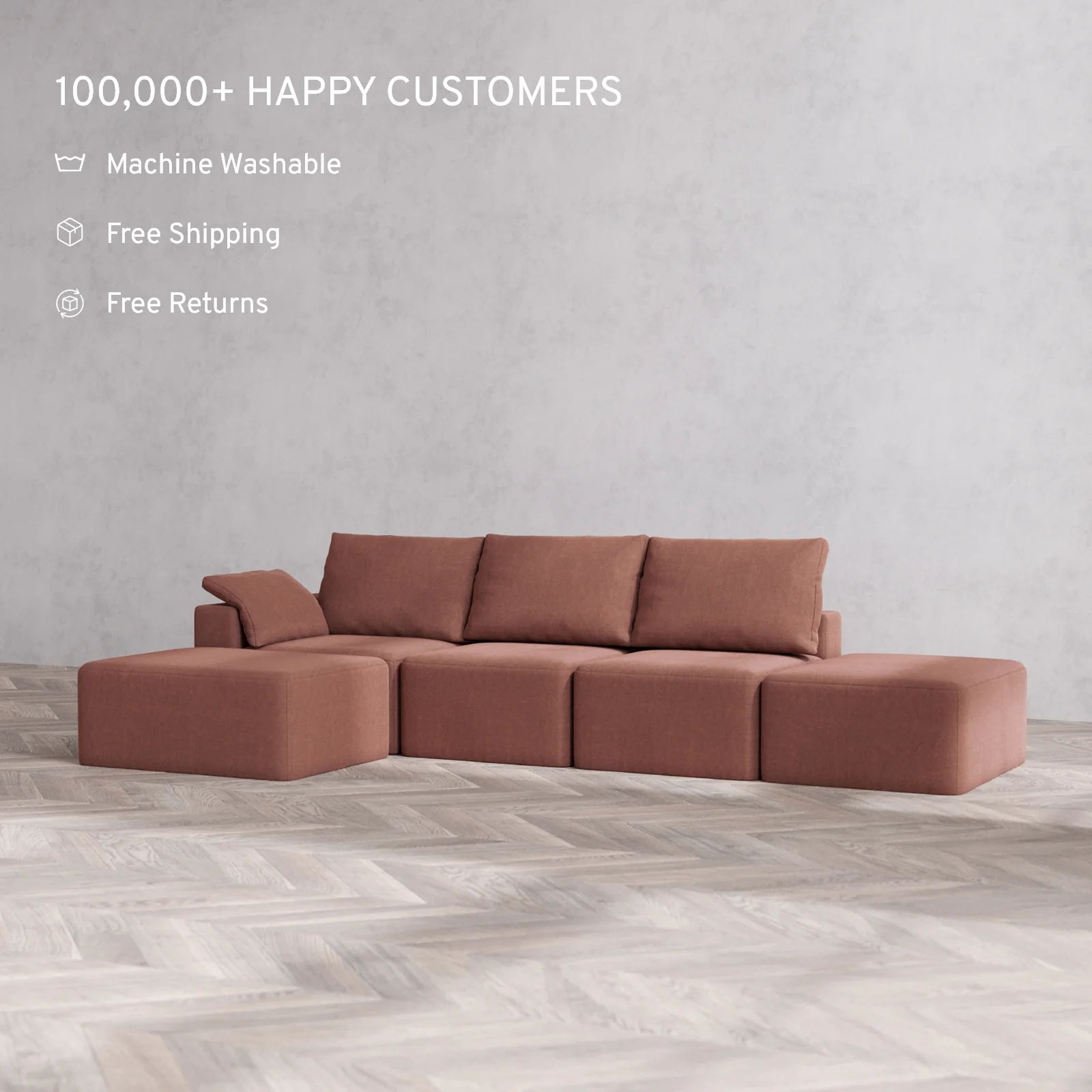 Slipcover Only - Modular Washable 3-Seater Open End Chaise Sectional Cloud + Bolster Sofa in Sumac | Left-Facing Arm - Image 2