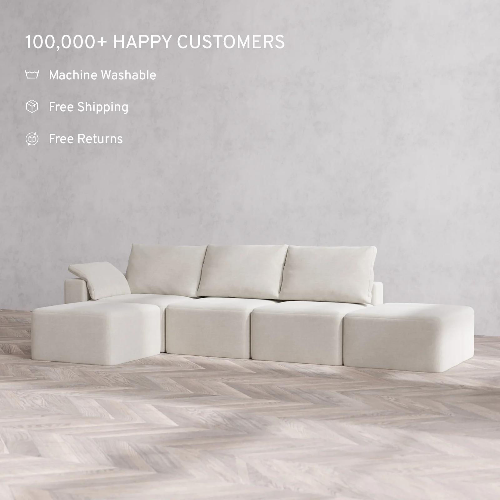 Slipcover Only - Modular Washable 3-Seater Open End Sectional Cloud + Bolster Sofa in Cashew | Left-Facing Arm - Image 2