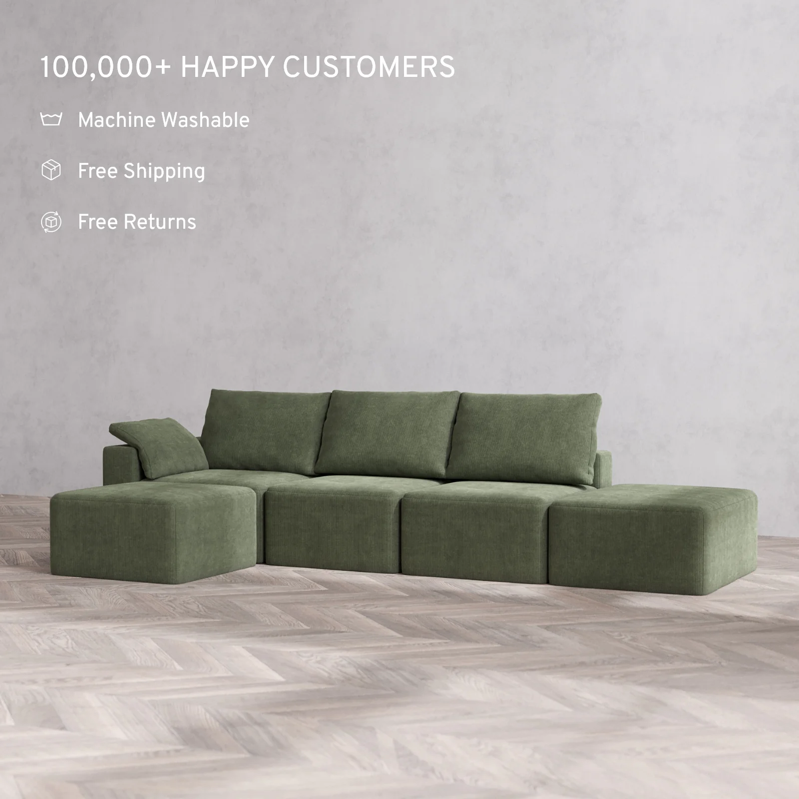 Slipcover Only - Modular Washable 3-Seater Open End Sectional Cloud + Bolster Sofa in Juniper | Left-Facing Arm - Image 2