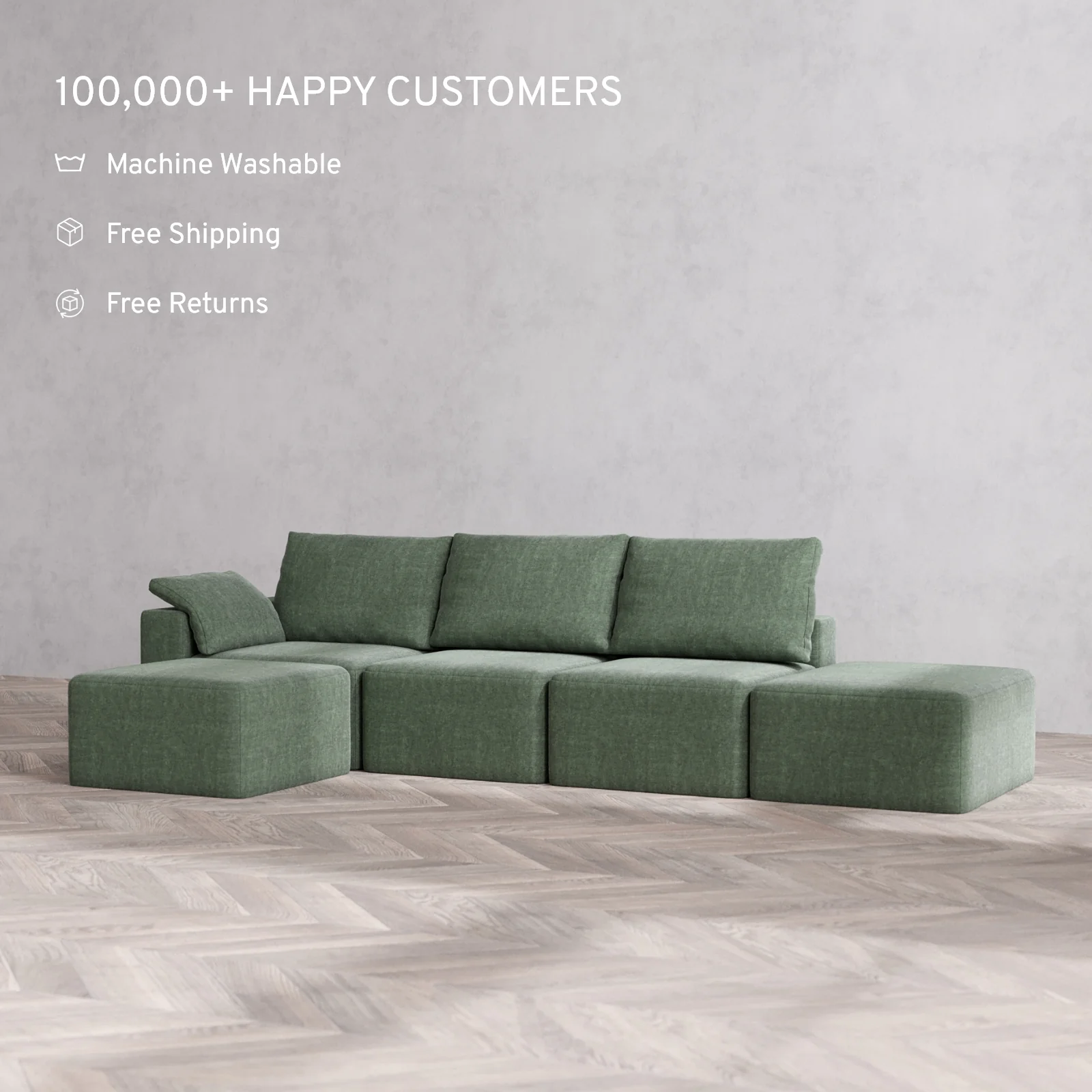 Slipcover Only - Modular Washable 3-Seater Open End Sectional Cloud + Bolster Sofa in Sage | Left-Facing Arm - Image 2