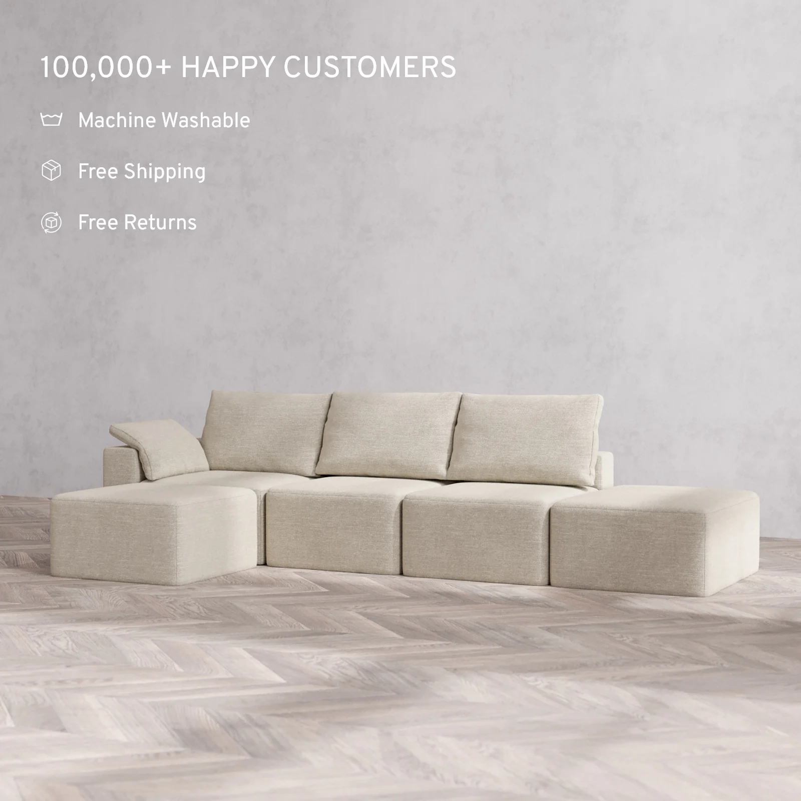 Slipcover Only - Modular Washable 3-Seater Open End Sectional Cloud + Bolster Sofa in Sandstone | Left-Facing Arm - Image 2