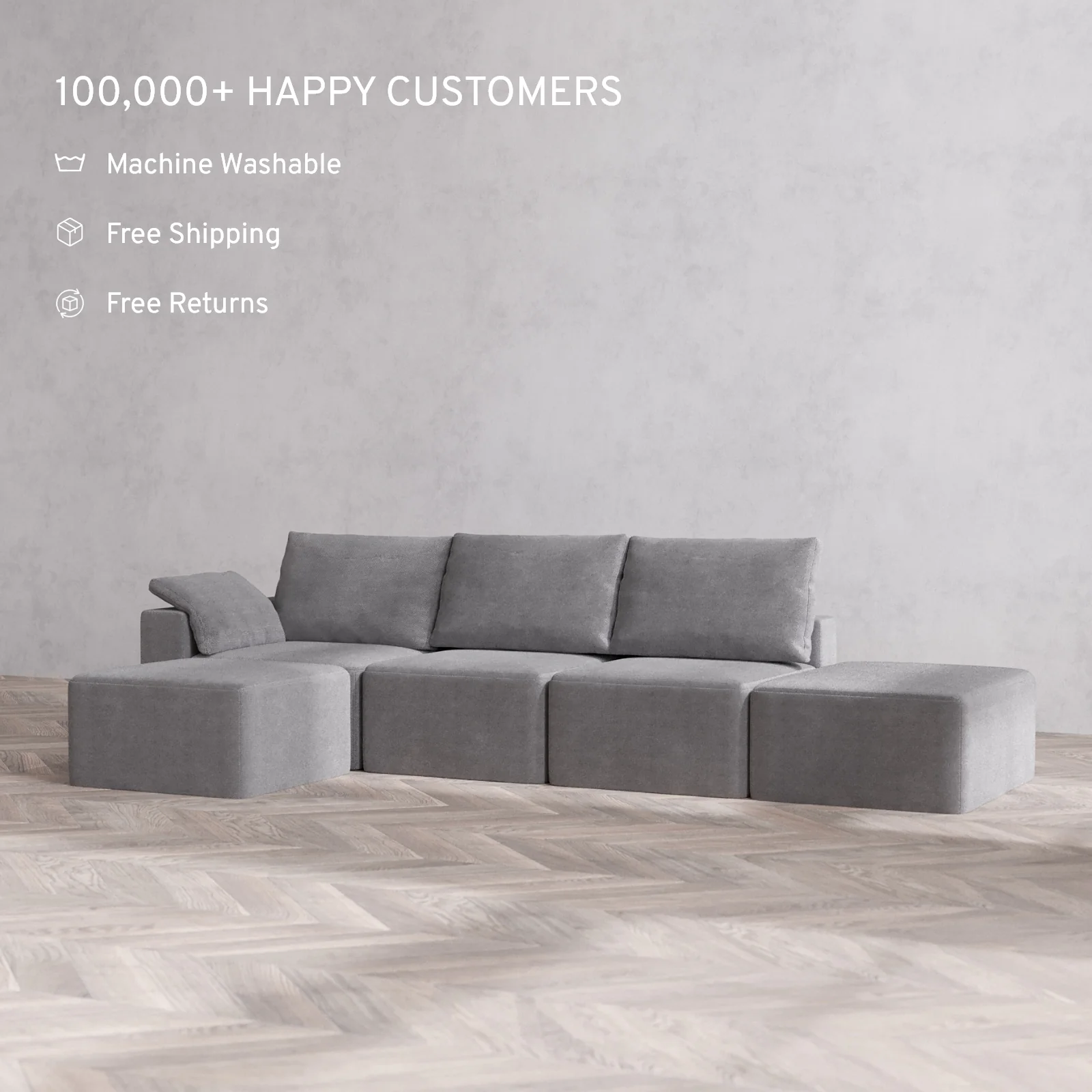 Slipcover Only - Modular Washable 3-Seater Open End Sectional Cloud + Bolster Sofa in Slate | Left-Facing Arm - Image 2
