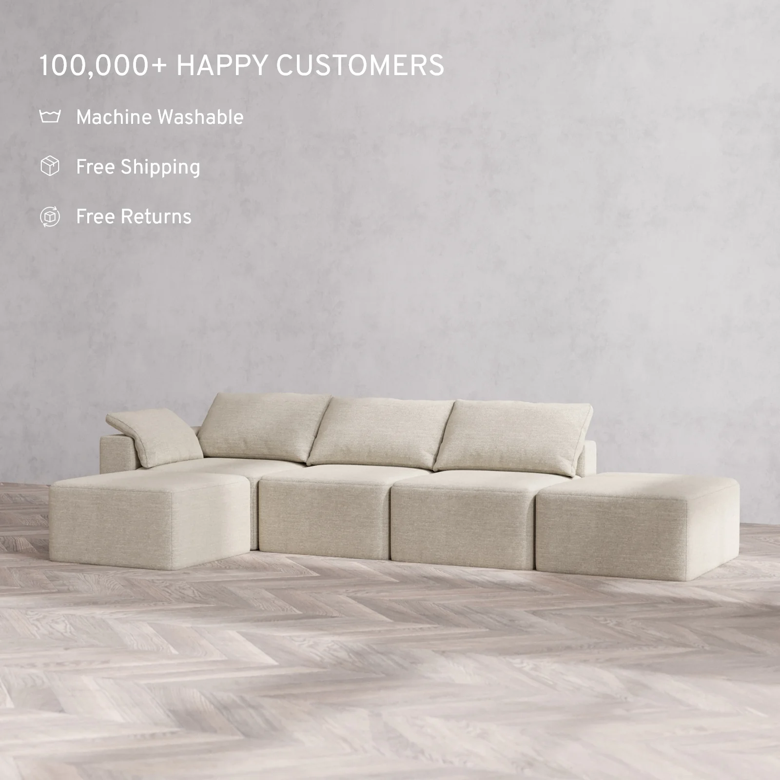 Slipcover Only - Modular Washable 3-Seater Open End Sectional Cloud Sofa in Sandstone | Left-Facing Arm - Image 2