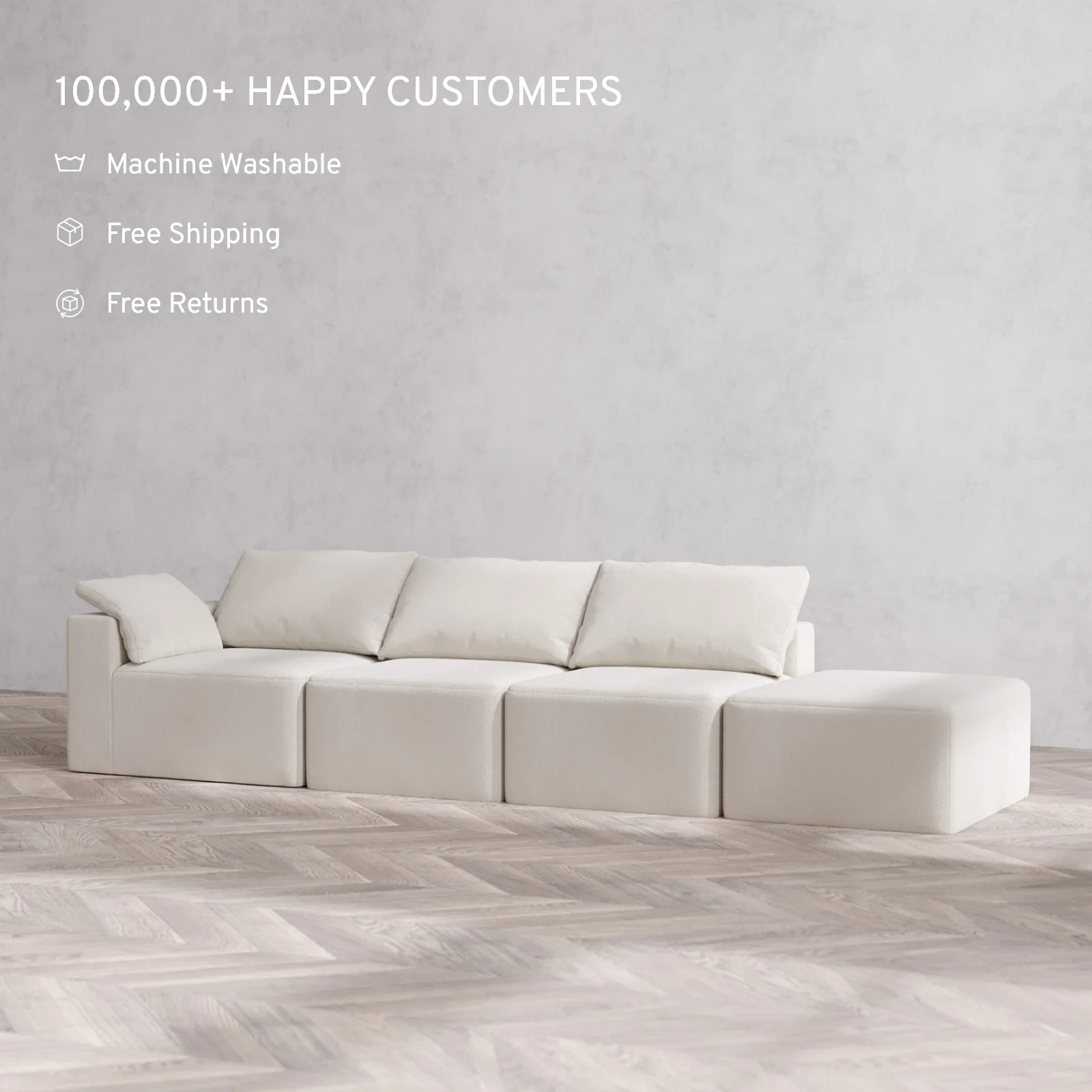 Slipcover Only - Modular Washable 3-Seater Open End Cloud Sofa in Pearl | Left-Facing Arm - Image 2
