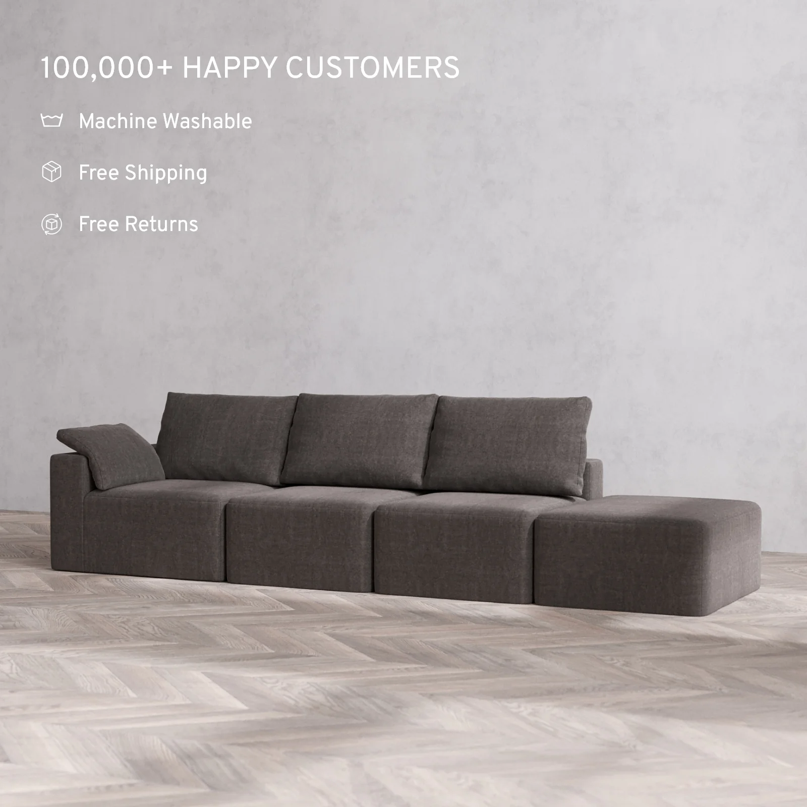 Slipcover Only - Modular Washable 3-Seater Open End Cloud + Bolster Sofa in Truffle | Left-Facing Arm - Image 2