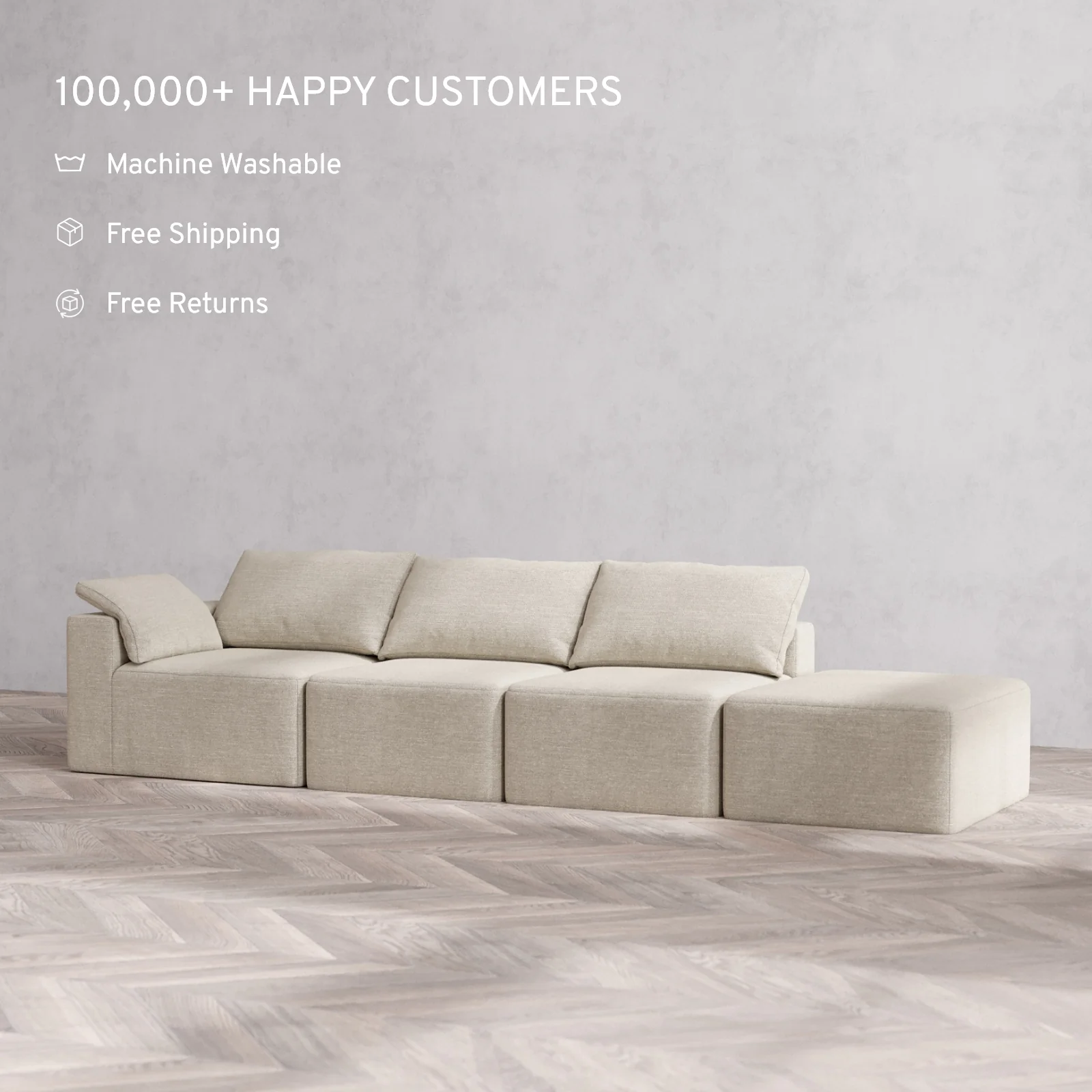 Slipcover Only - Modular Washable 3-Seater Open End Cloud Sofa in Sandstone | Left-Facing Arm - Image 2