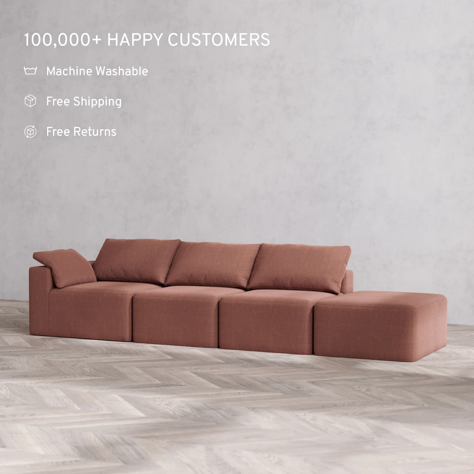 Slipcover Only - Modular Washable 3-Seater Open End Cloud Sofa in Sumac | Left-Facing Arm - Image 2