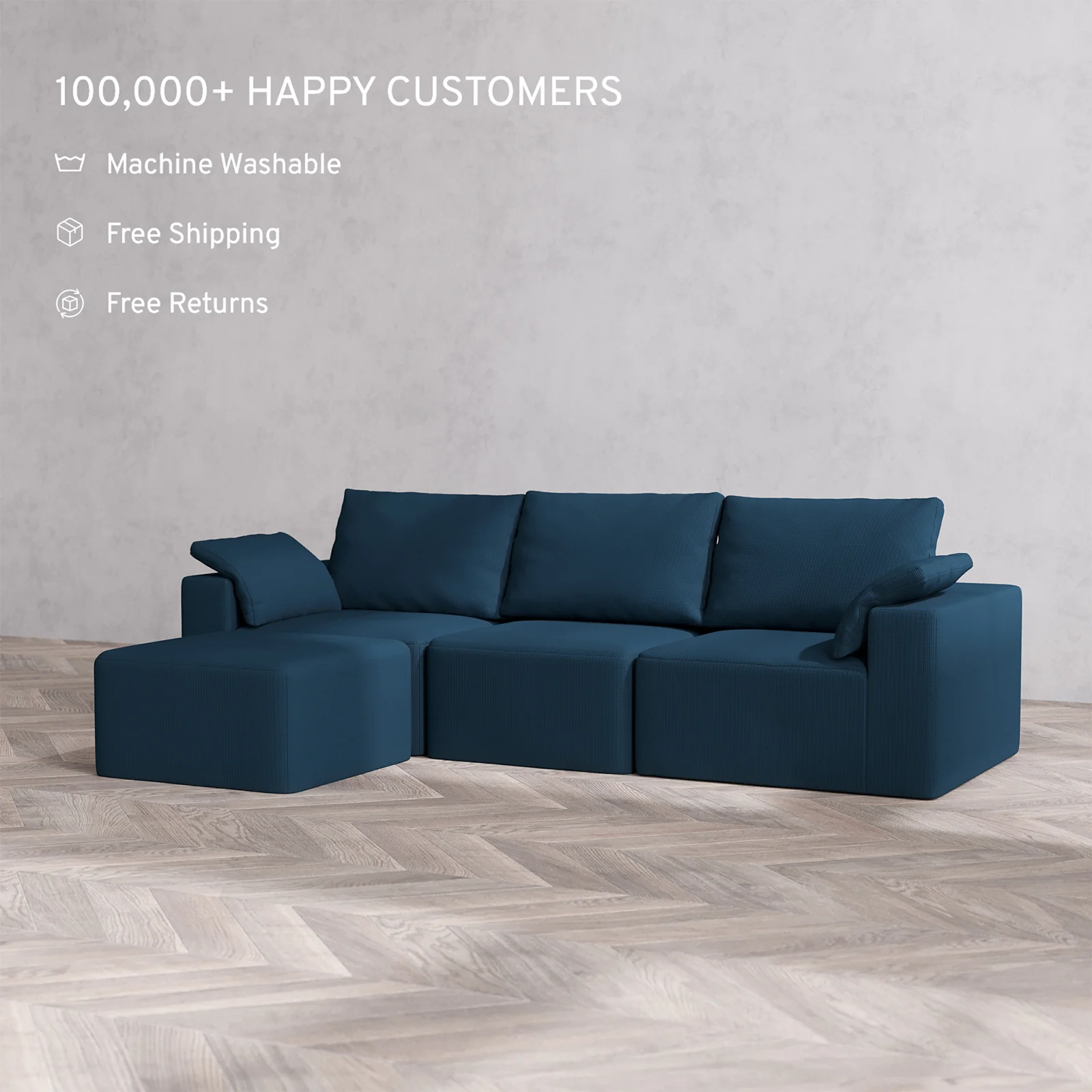Slipcover Only - Modular Washable 3-Seater Sectional Cloud + Bolster Sofa in Lazuli - Image 2