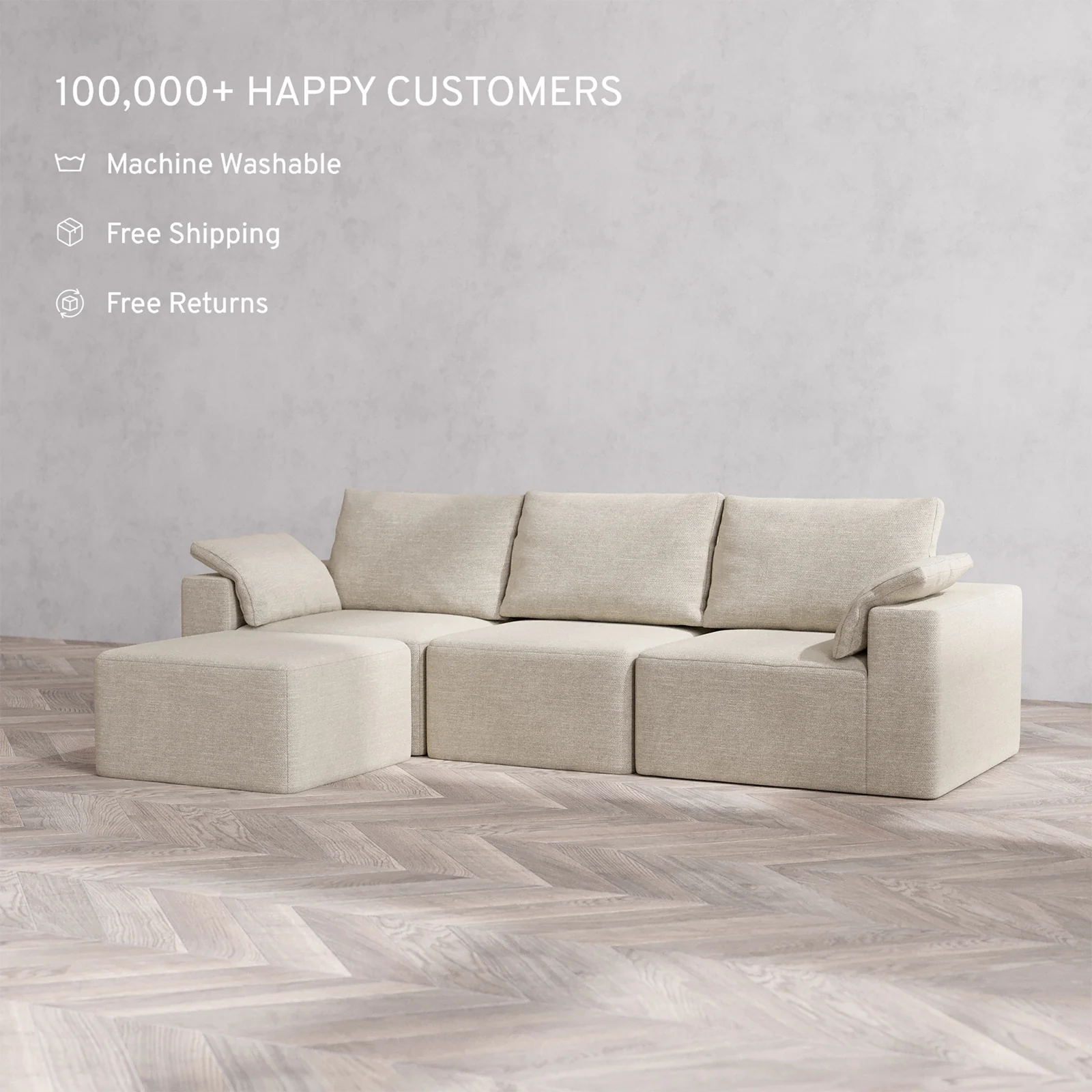 Slipcover Only - Modular Washable 3-Seater Sectional Cloud + Bolster Sofa in Sandstone - Image 2