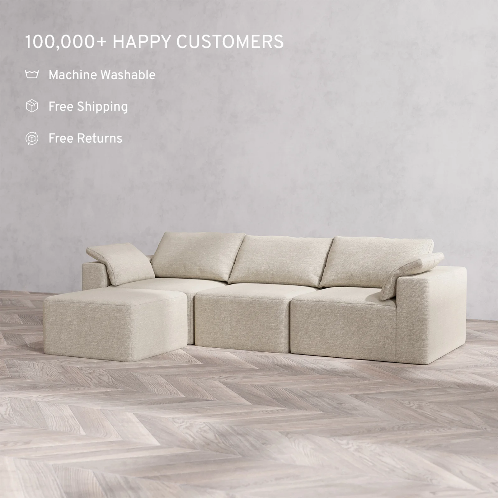 Slipcover Only - Modular Washable 3-Seater Sectional Cloud Sofa in Sandstone - Image 2