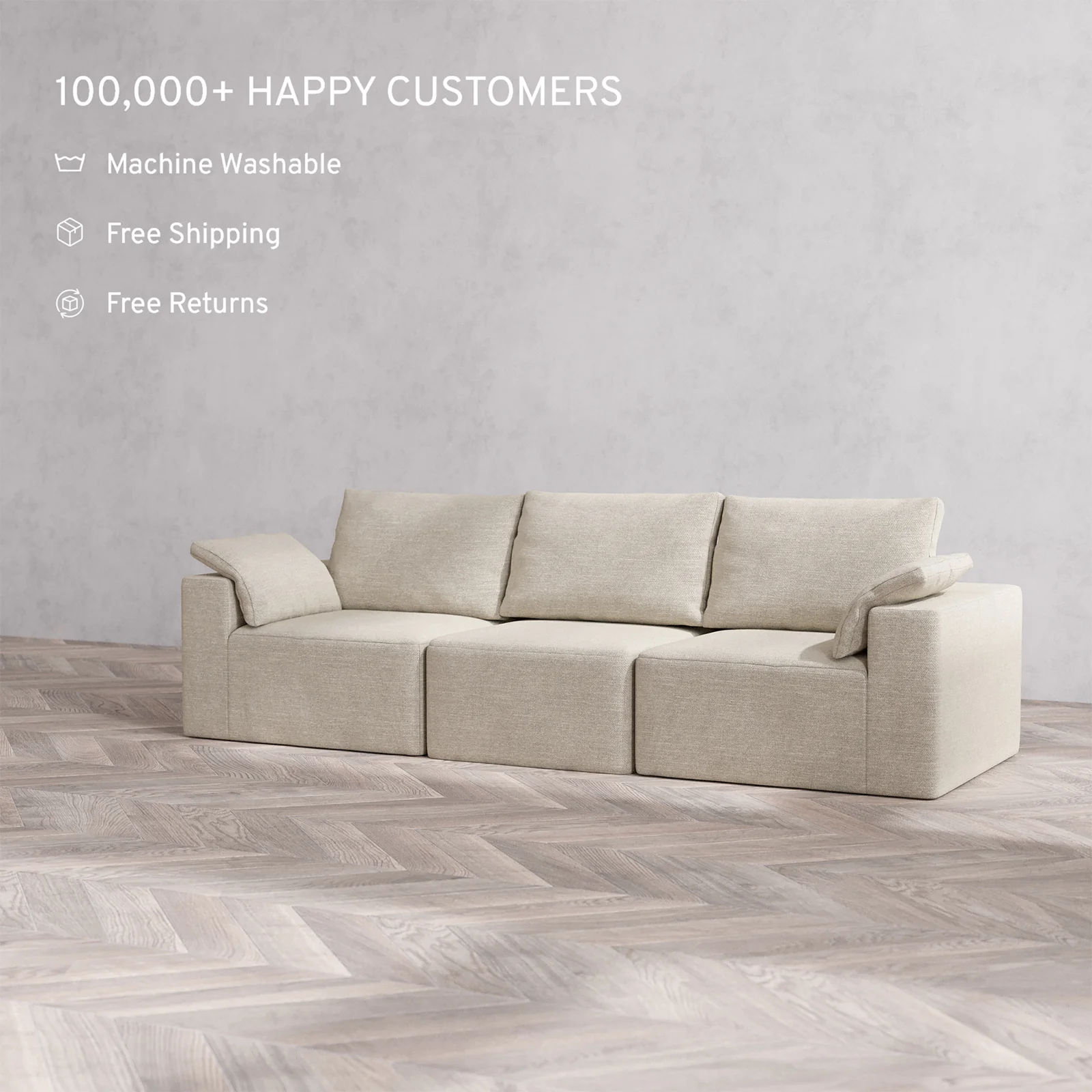 Slipcover Only - Modular Washable 3-Seater Cloud + Bolster Sofa in Sandstone - Image 2