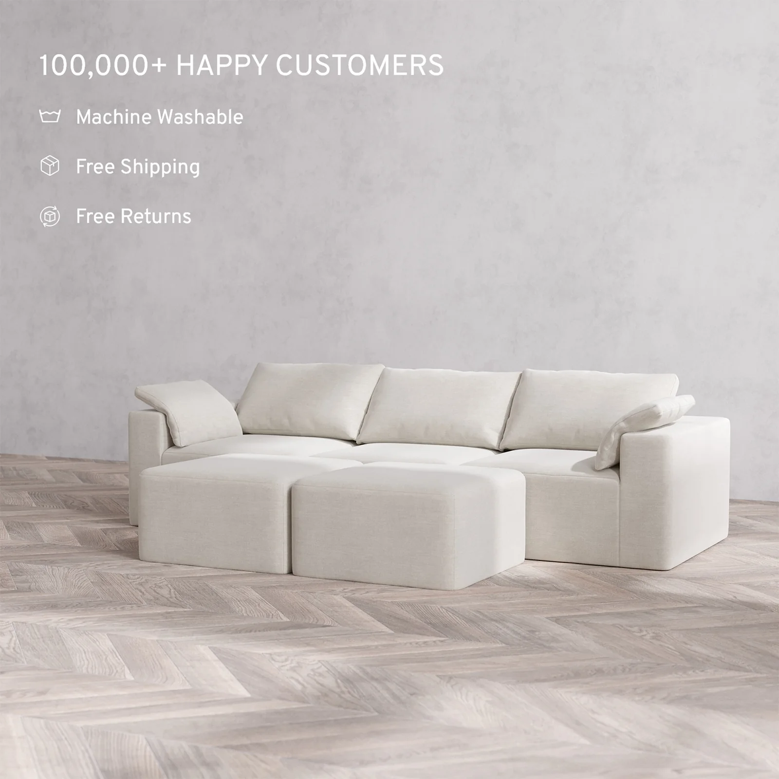 Slipcover Only - Modular Washable 3-Seater Cloud Sofa + Ottoman Bench in Cashew - Image 2
