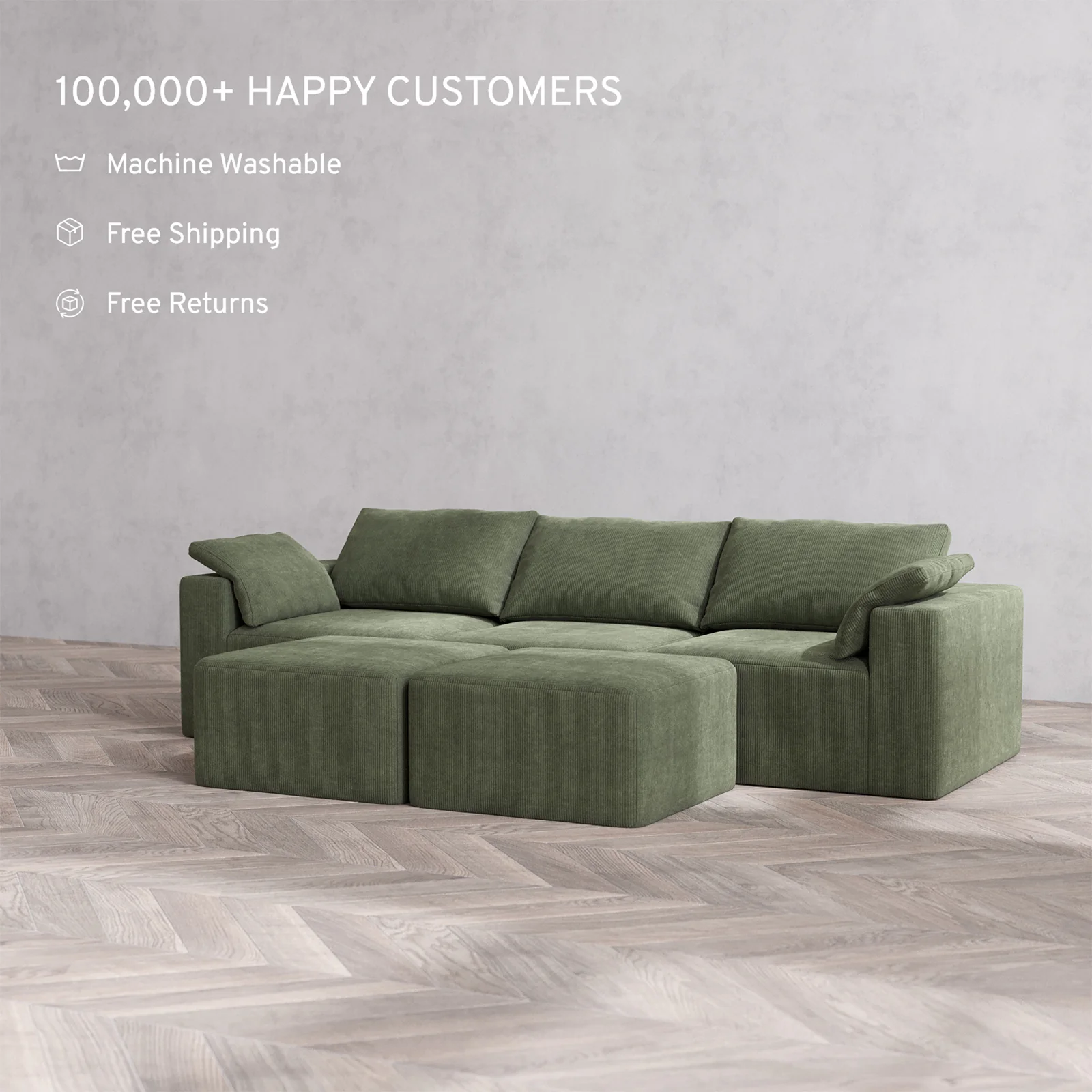 Slipcover Only - Modular Washable 3-Seater Cloud Sofa + Ottoman Bench in Juniper - Image 2