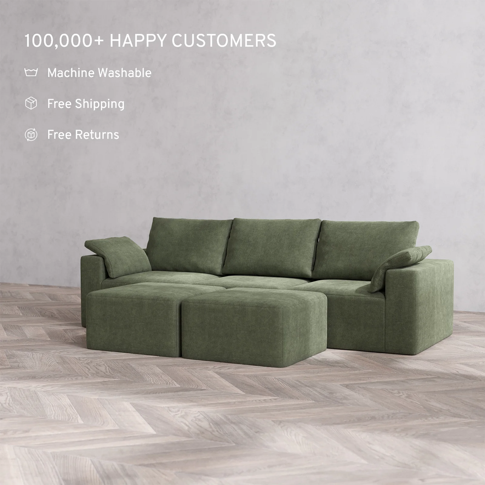 Slipcover Only - Modular Washable 3-Seater Cloud + Bolster Sofa + Ottoman Bench in Juniper - Image 2