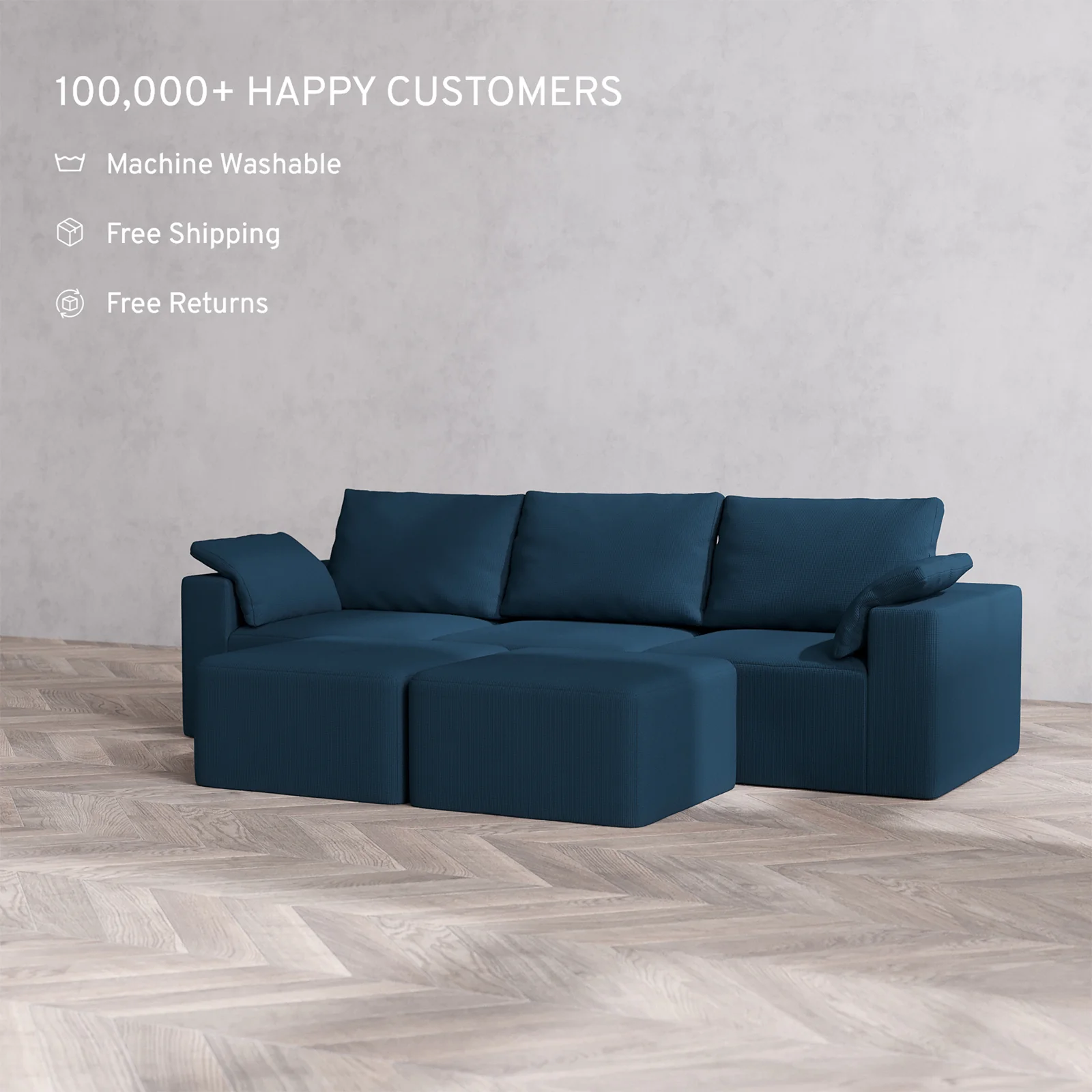 Slipcover Only - Modular Washable 3-Seater Cloud + Bolster Sofa + Ottoman Bench in Lazuli - Image 2