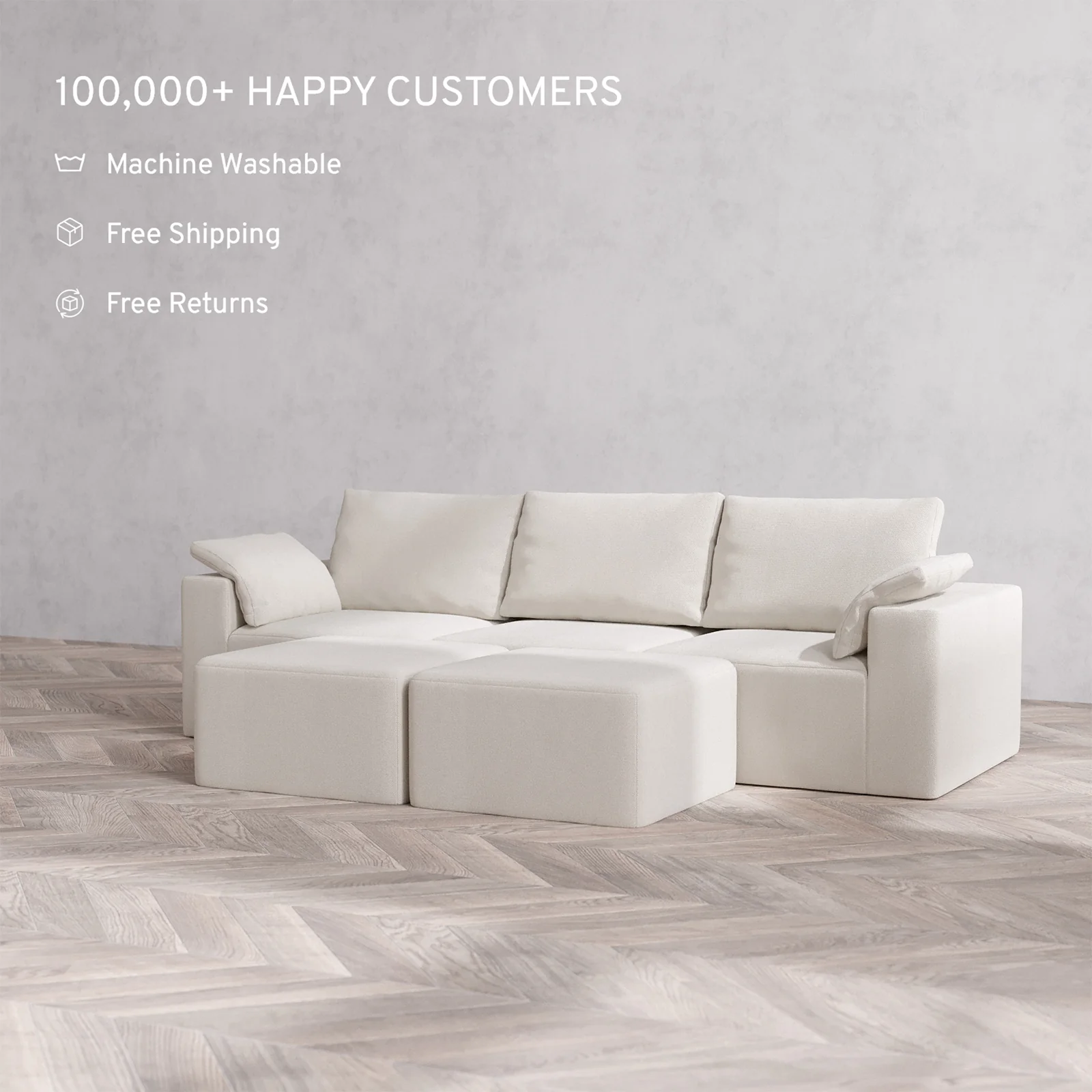 Slipcover Only - Modular Washable 3-Seater Cloud + Bolster Sofa + Ottoman Bench in Pearl - Image 2