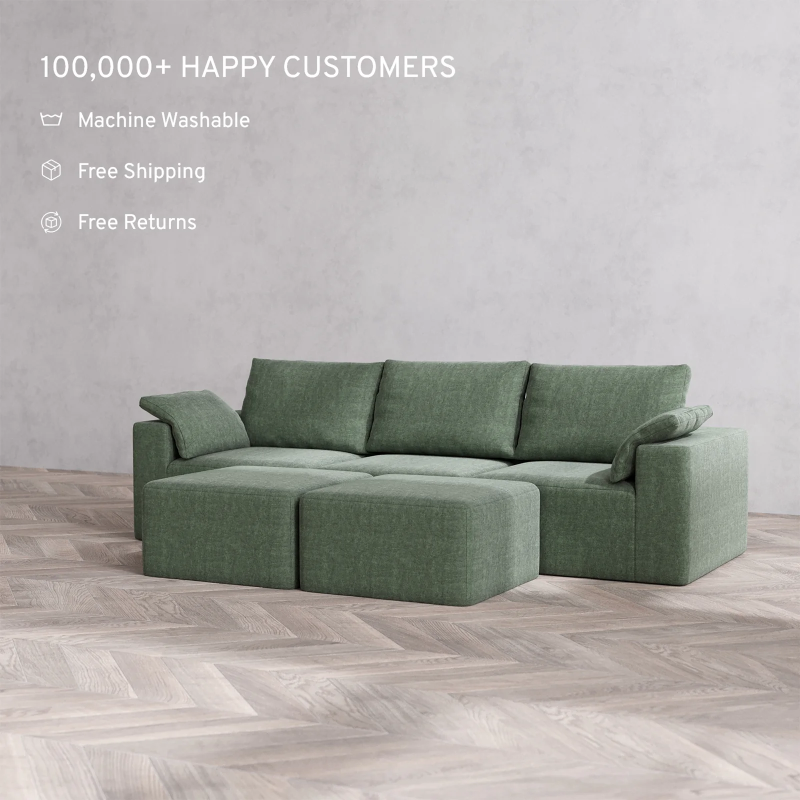 Slipcover Only - Modular Washable 3-Seater Cloud + Bolster Sofa + Ottoman Bench in Sage - Image 2
