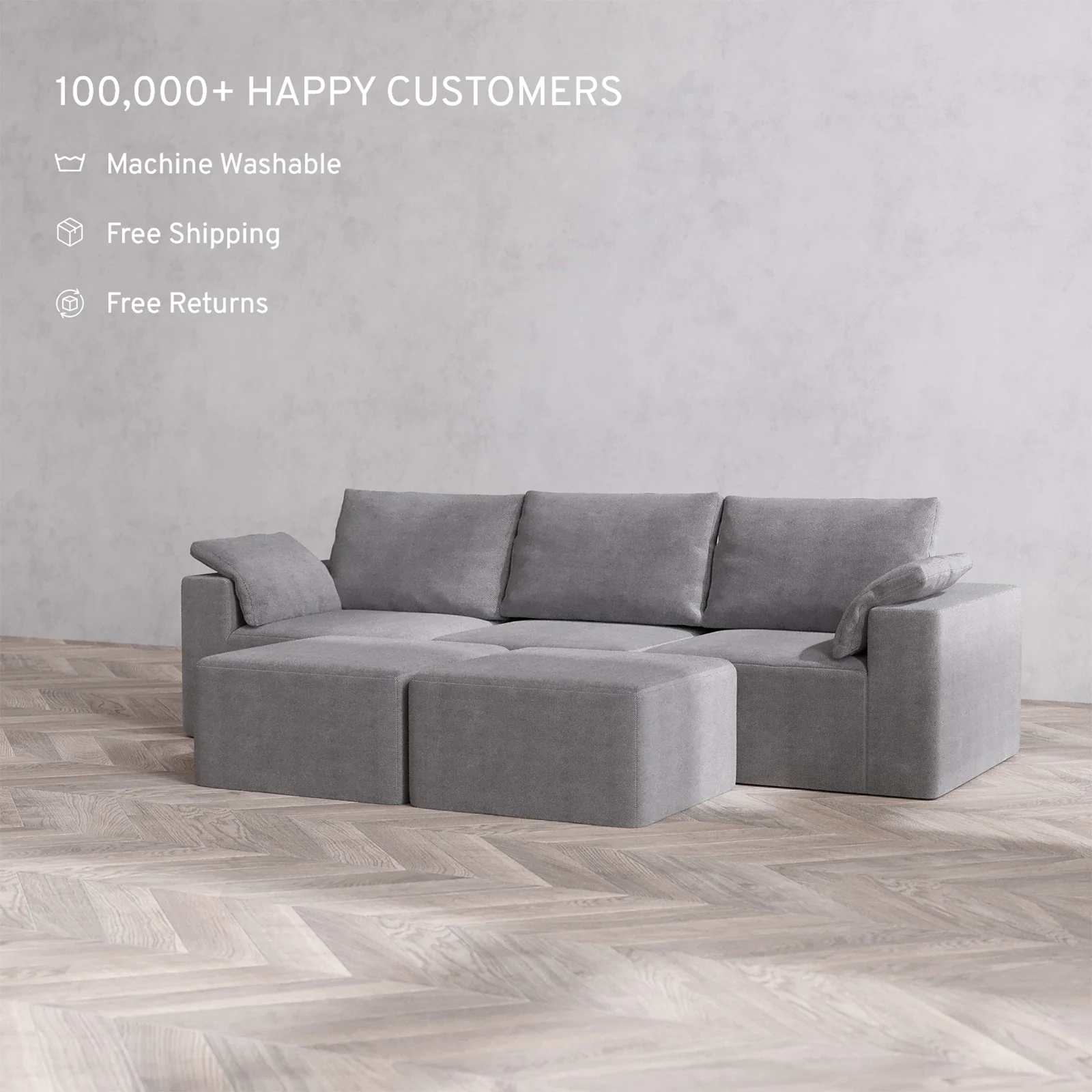 Slipcover Only - Modular Washable 3-Seater Cloud + Bolster Sofa + Ottoman Bench in Slate - Image 2