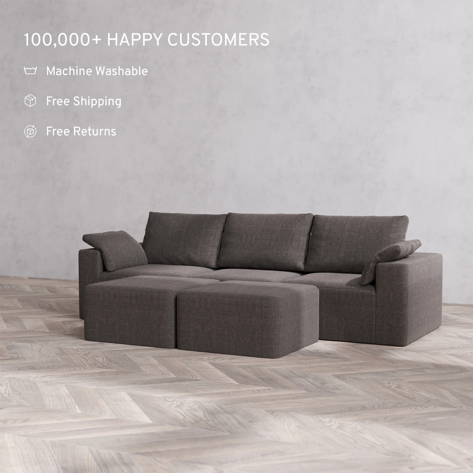 Slipcover Only - Modular Washable 3-Seater Cloud + Bolster Sofa + Ottoman Bench in Truffle - Image 2