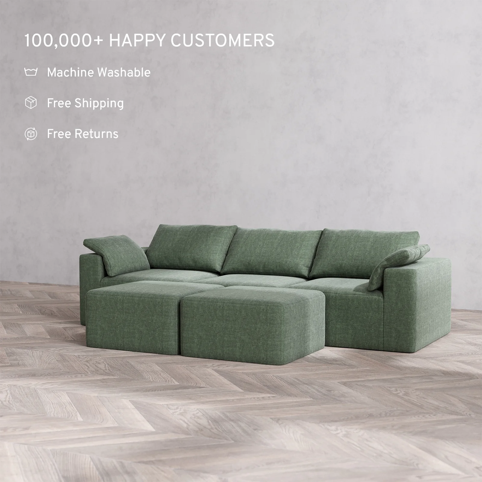Slipcover Only - Modular Washable 3-Seater Cloud Sofa + Ottoman Bench in Sage - Image 2