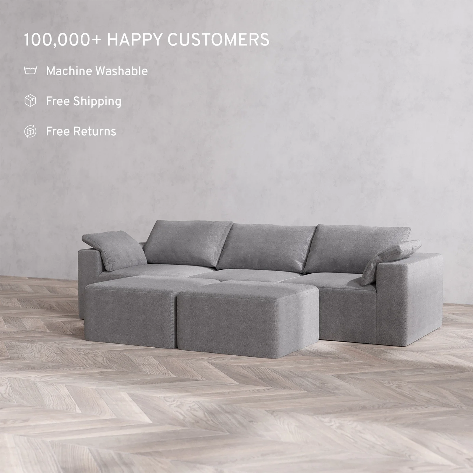 Slipcover Only - Modular Washable 3-Seater Cloud Sofa + Ottoman Bench in Slate - Image 2