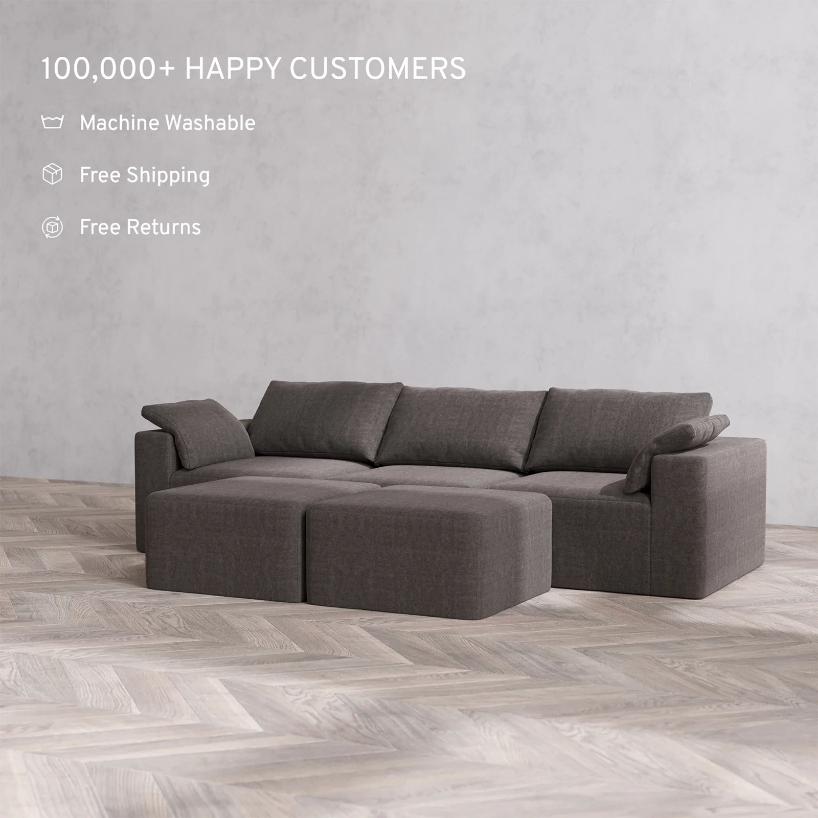 Slipcover Only - Modular Washable 3-Seater Cloud Sofa + Ottoman Bench in Truffle - Image 2