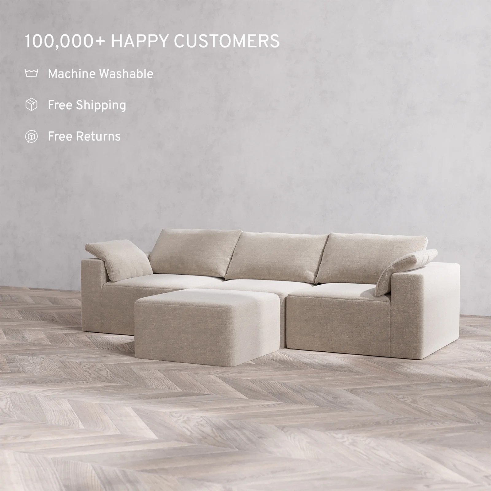 Slipcover Only - Modular Washable 3-Seater Cloud Sofa + Ottoman in Caraway - Image 2