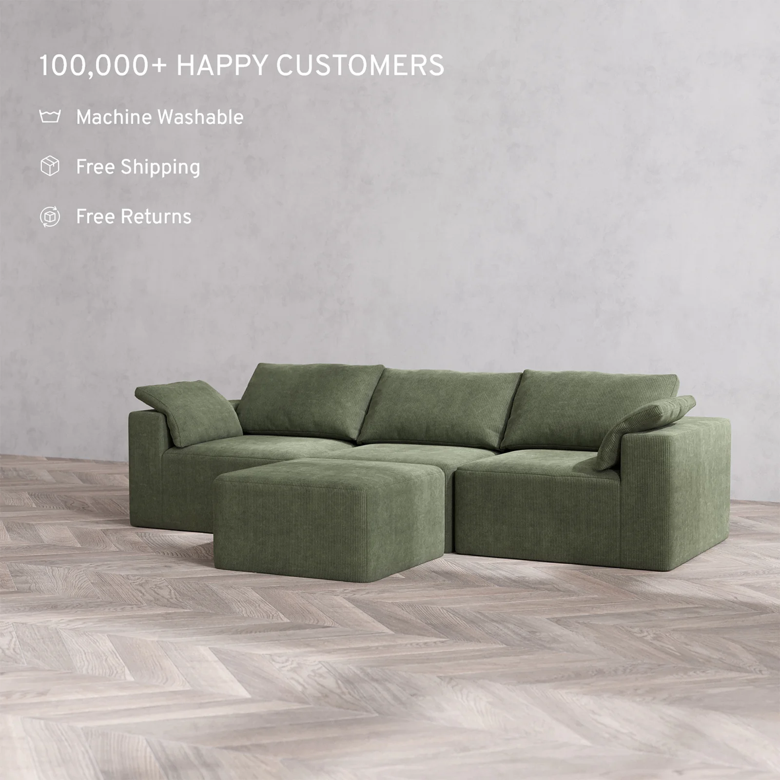 Slipcover Only - Modular Washable 3-Seater Cloud Sofa + Ottoman in Juniper - Image 2