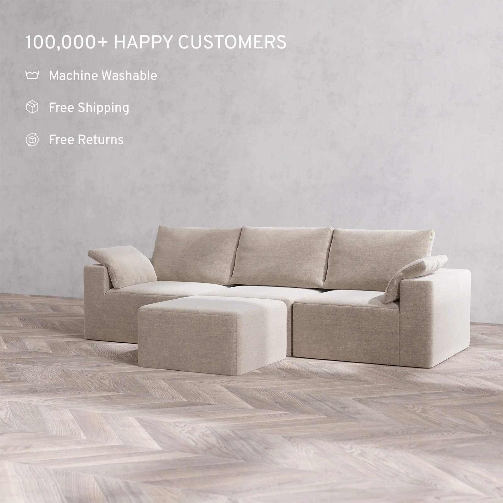 Slipcover Only - Modular Washable 3-Seater Cloud + Bolster Sofa + Ottoman in Caraway - Image 2