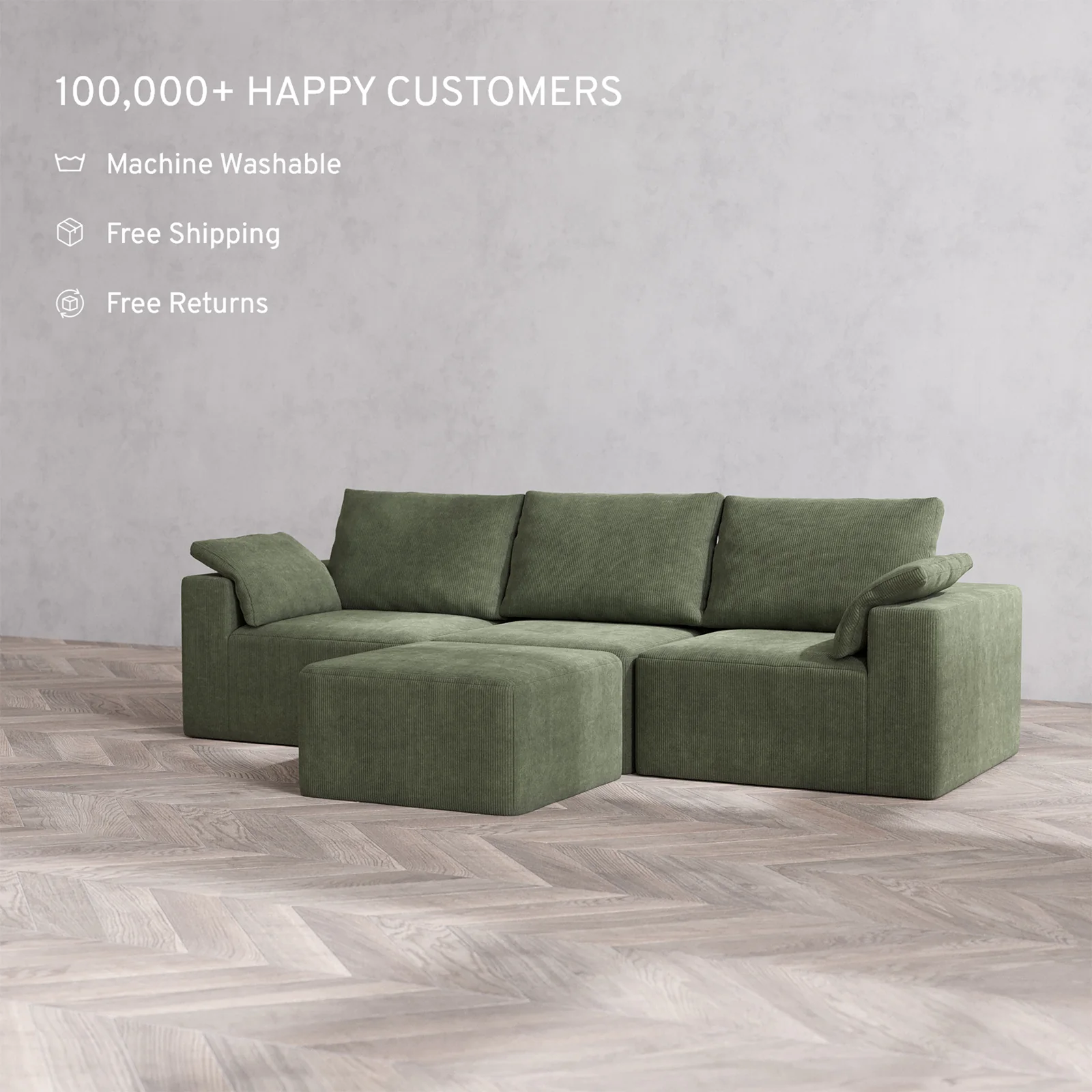 Slipcover Only - Modular Washable 3-Seater Cloud + Bolster Sofa + Ottoman in Juniper - Image 2