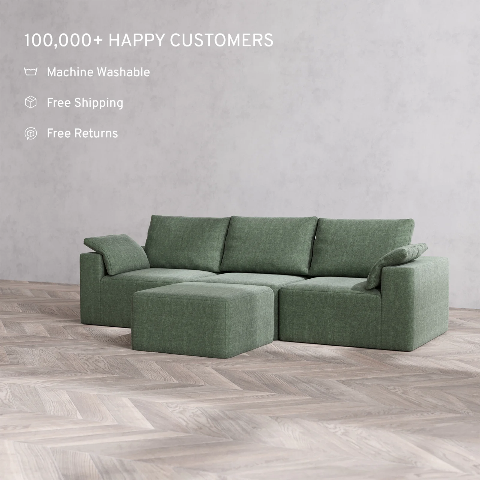 Slipcover Only - Modular Washable 3-Seater Cloud + Bolster Sofa + Ottoman in Sage - Image 2