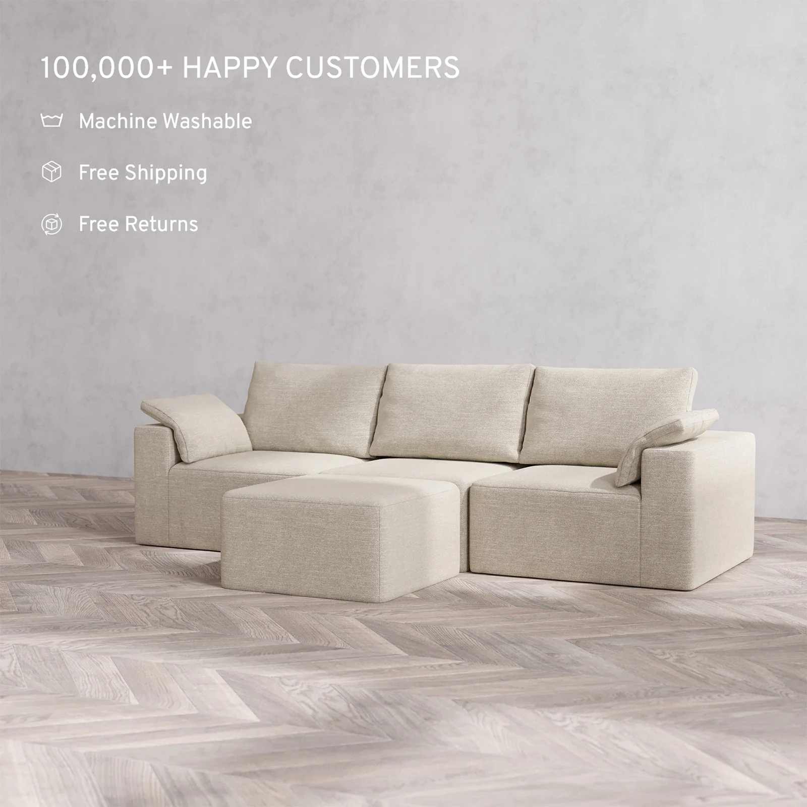 Slipcover Only - Modular Washable 3-Seater Cloud + Bolster Sofa + Ottoman in Sandstone - Image 2