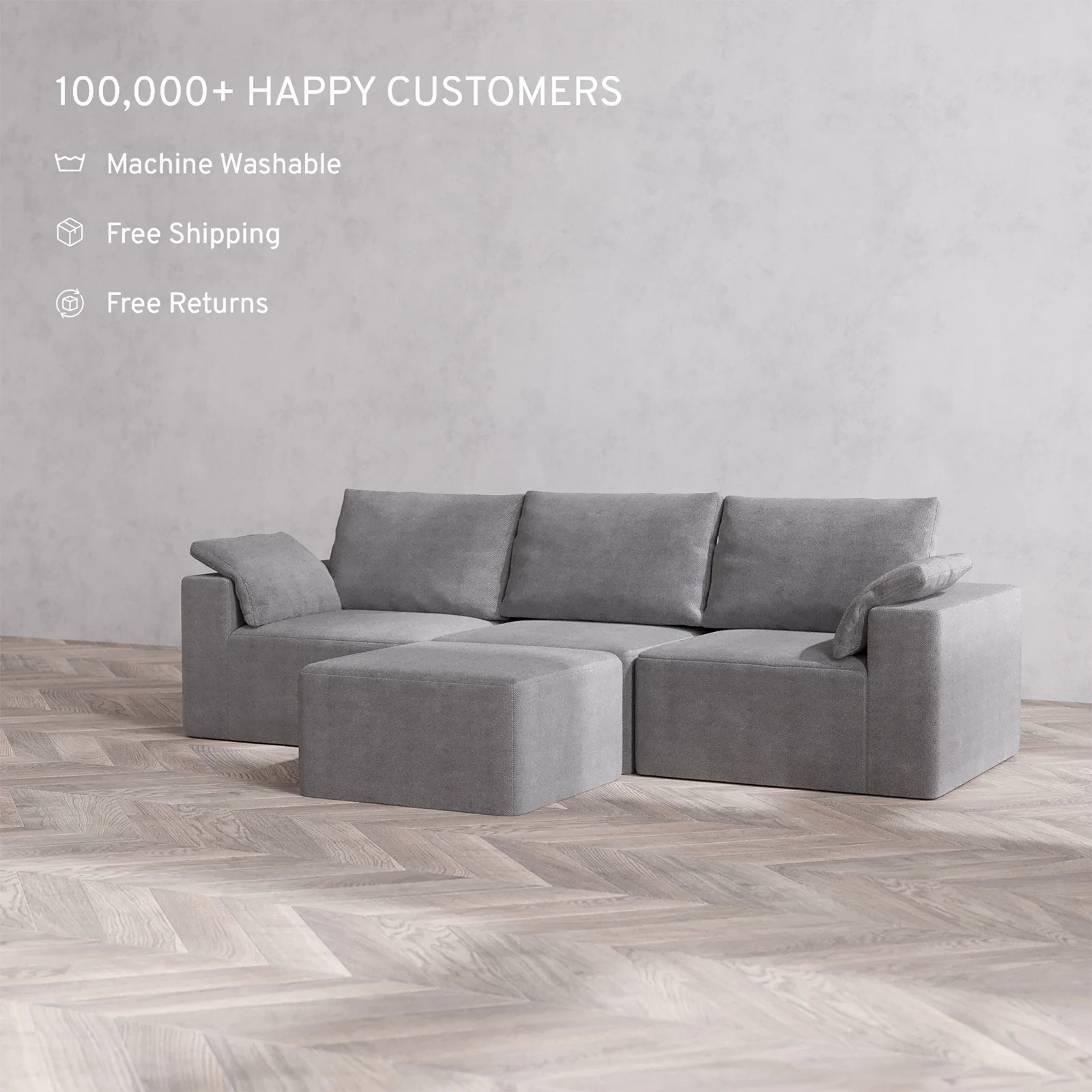 Slipcover Only - Modular Washable 3-Seater Cloud + Bolster Sofa + Ottoman in Slate - Image 2