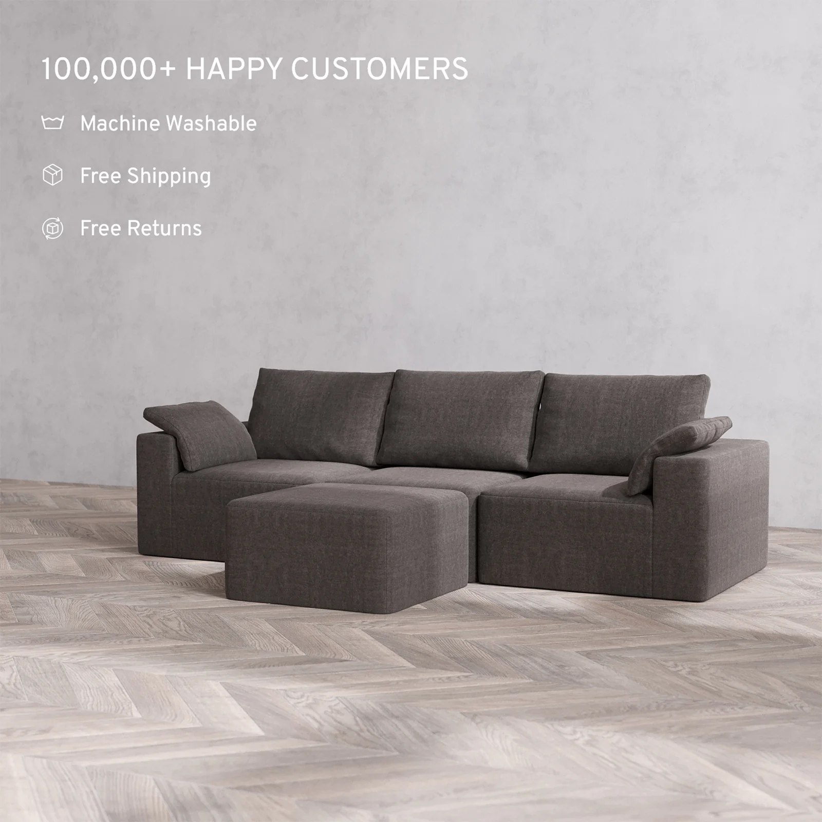 Slipcover Only - Modular Washable 3-Seater Cloud + Bolster Sofa + Ottoman in Truffle - Image 2