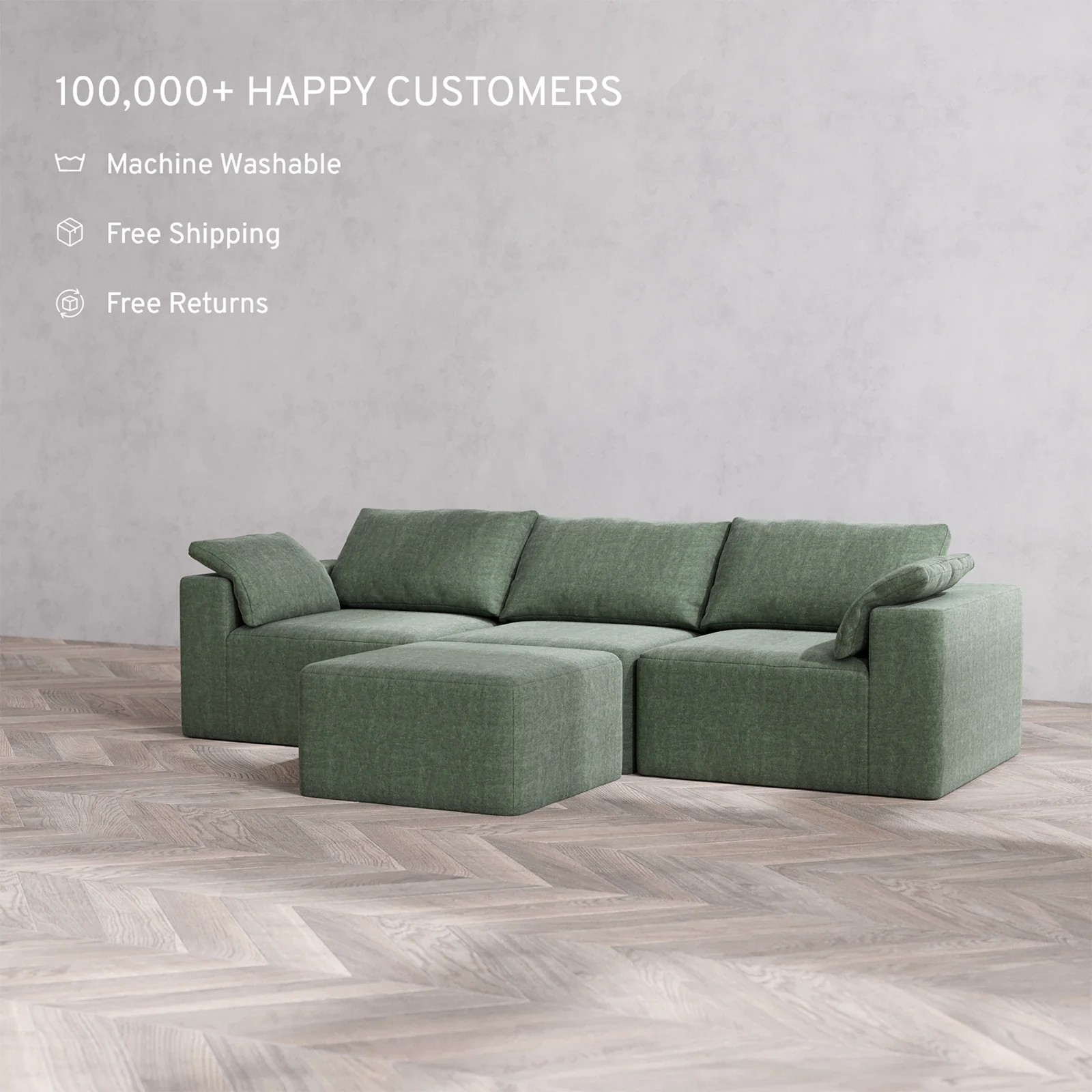 Slipcover Only - Modular Washable 3-Seater Cloud Sofa + Ottoman in Sage - Image 2
