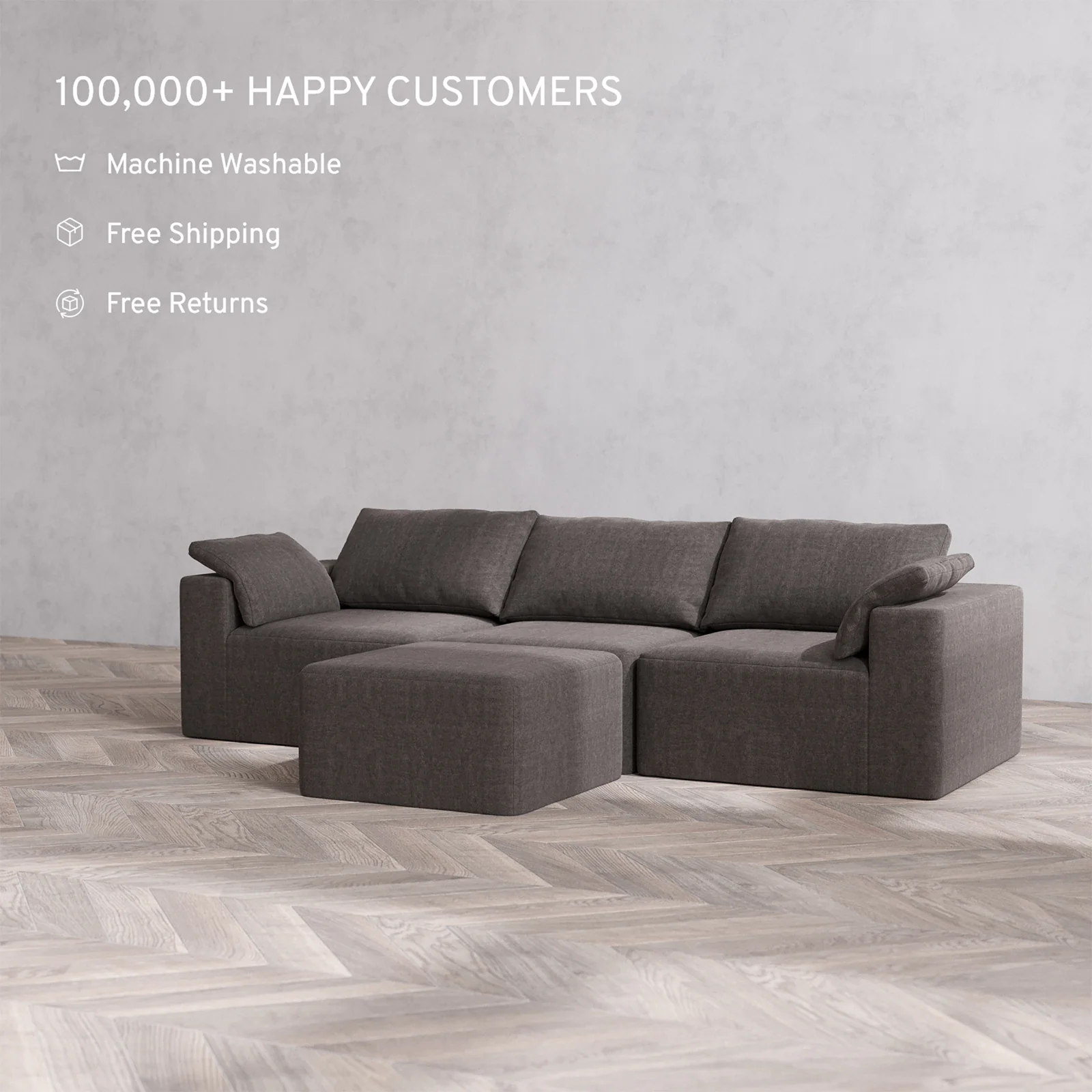 Slipcover Only - Modular Washable 3-Seater Cloud Sofa + Ottoman in Truffle - Image 2