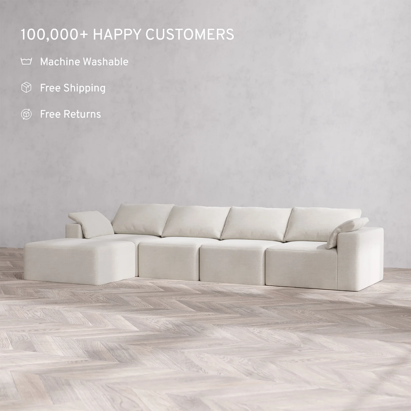 Slipcover Only - Modular Washable 4-Seater Chaise Sectional Cloud Sofa in Cashew - Image 2