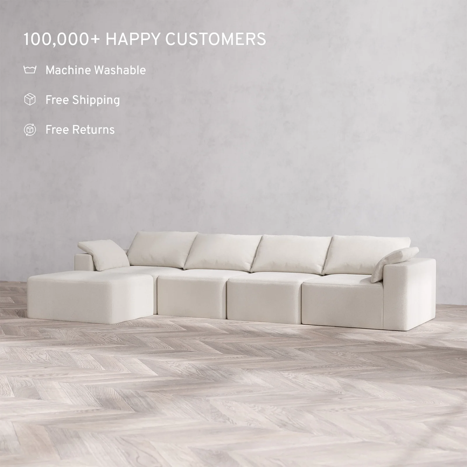 Slipcover Only - Modular Washable 4-Seater Chaise Sectional Cloud Sofa in Pearl - Image 2