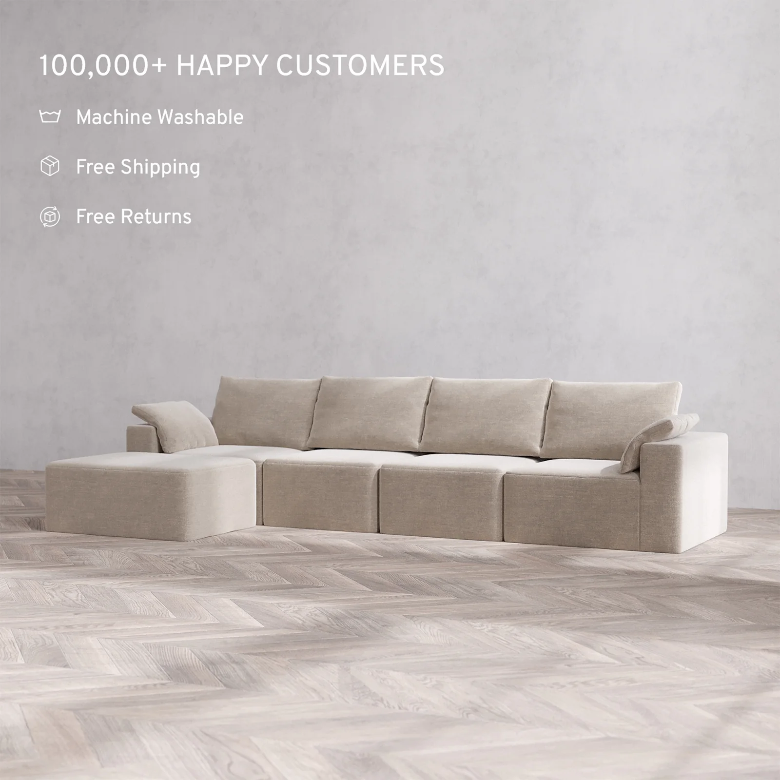 Slipcover Only - Modular Washable 4-Seater Chaise Sectional Cloud + Bolster Sofa in Caraway - Image 2