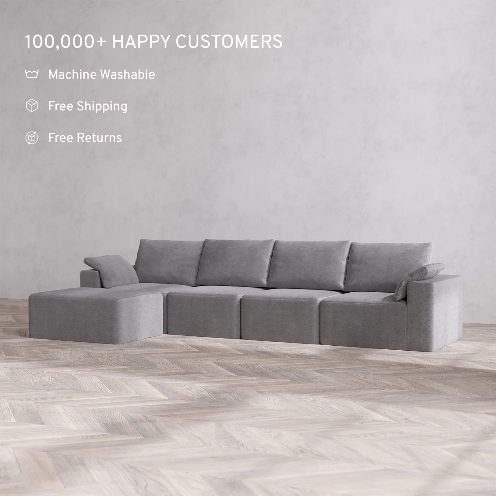 Slipcover Only - Modular Washable 4-Seater Chaise Sectional Cloud + Bolster Sofa in Slate - Image 2