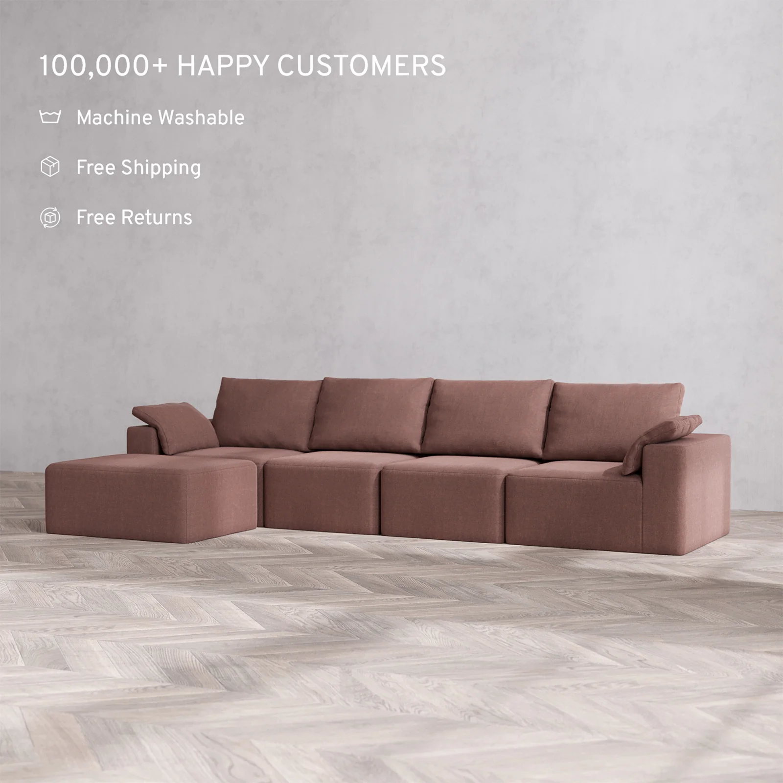 Slipcover Only - Modular Washable 4-Seater Chaise Sectional Cloud + Bolster Sofa in Sumac - Image 2