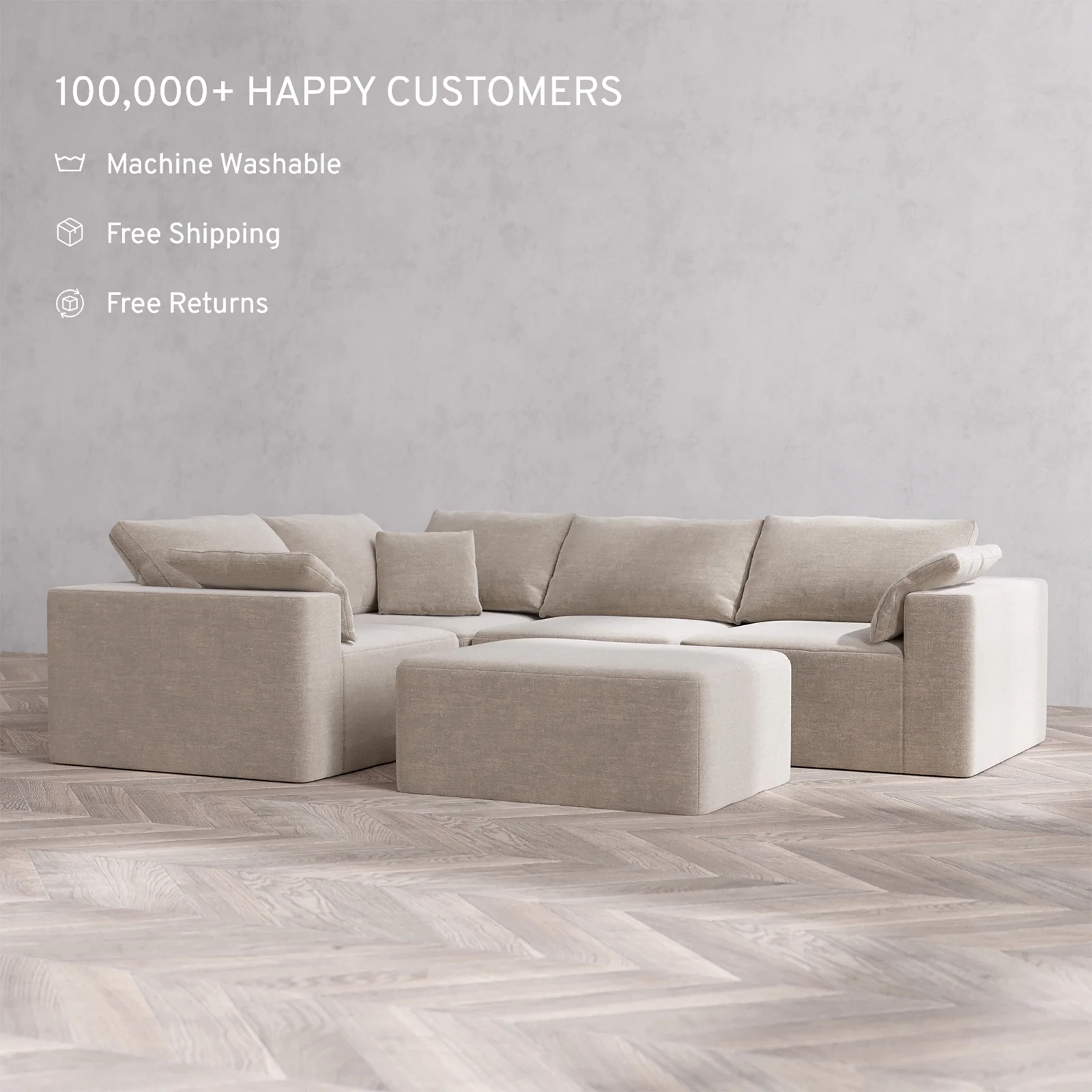 Slipcover Only - Modular Washable 4-Seater Corner Sectional + Chaise Ottoman Cloud Sofa in Caraway - Image 2