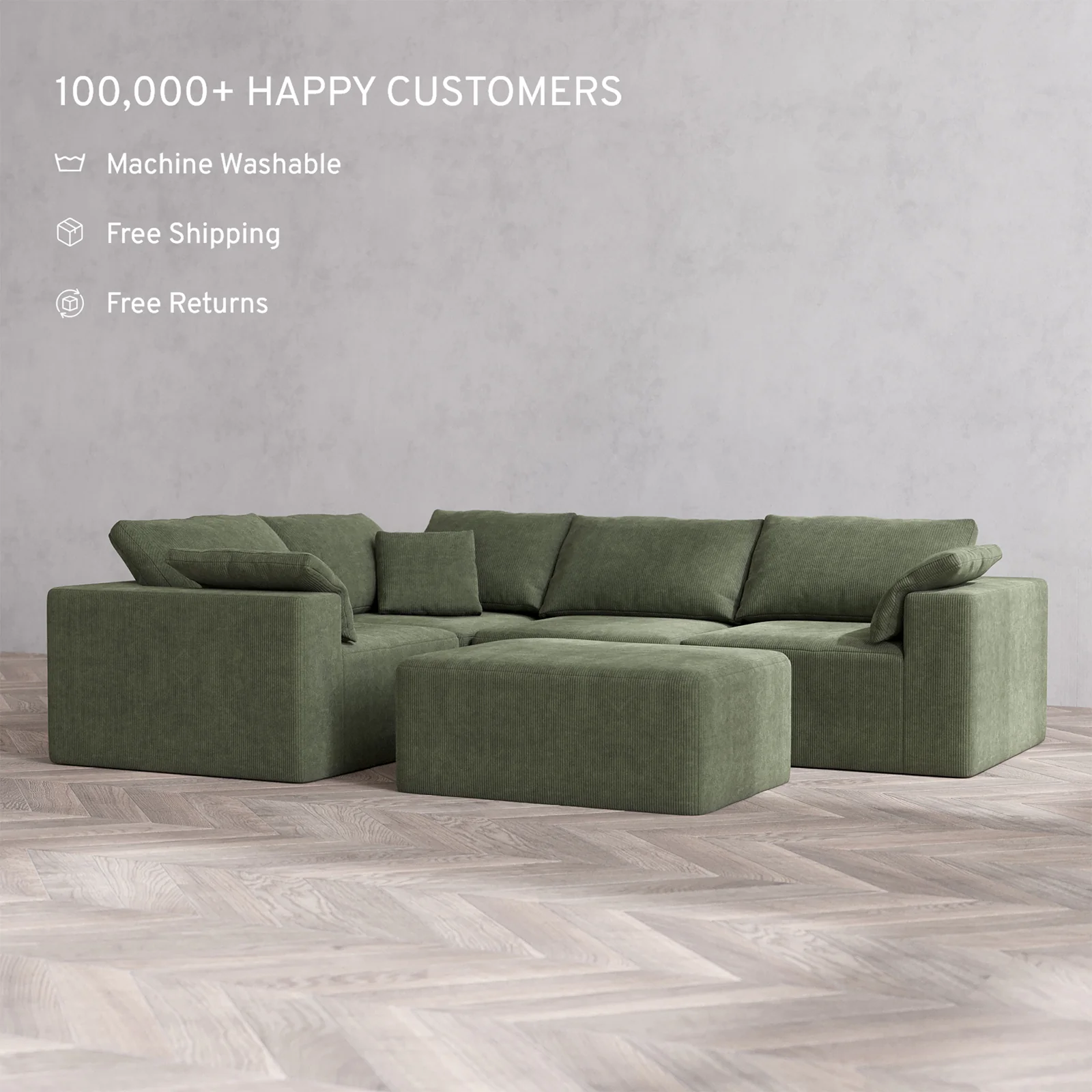 Slipcover Only - Modular Washable 4-Seater Corner Sectional + Chaise Ottoman Cloud Sofa in Juniper - Image 2