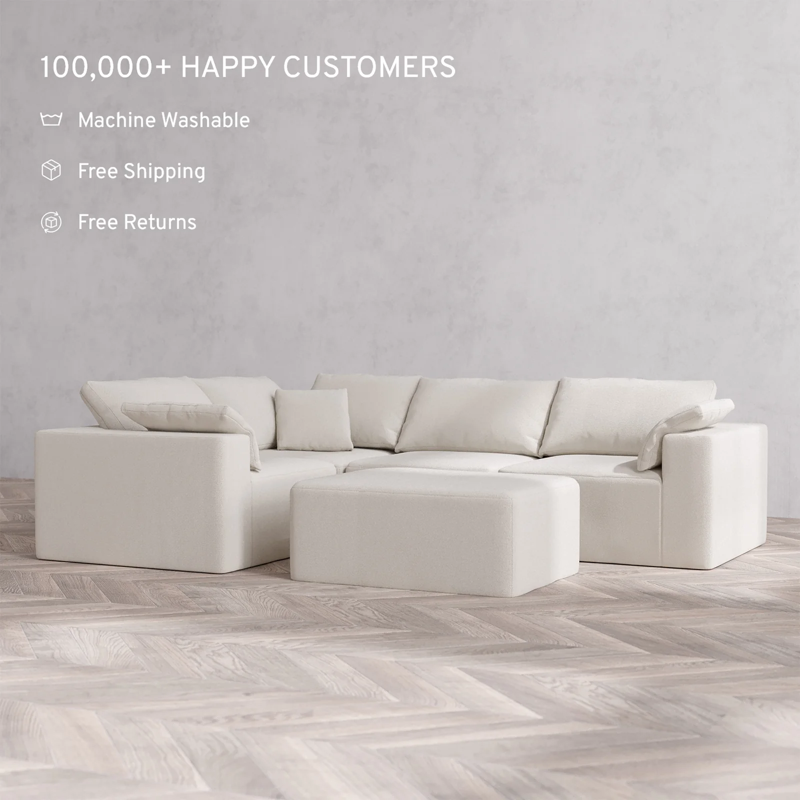 Slipcover Only - Modular Washable 4-Seater Corner Sectional + Chaise Ottoman Cloud Sofa in Pearl - Image 2